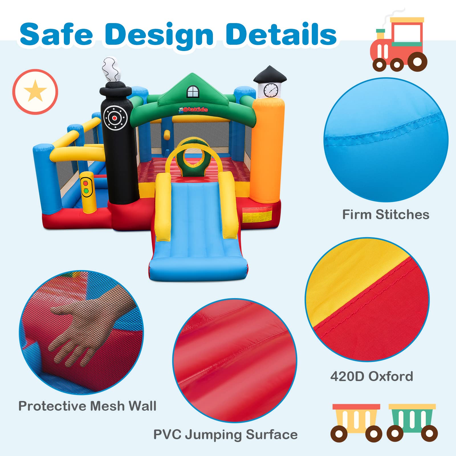 INFANS Inflatable Bounce House, Train Theme Kids Jumping Castle, Inflatable Obstacle Course with 950W Blower