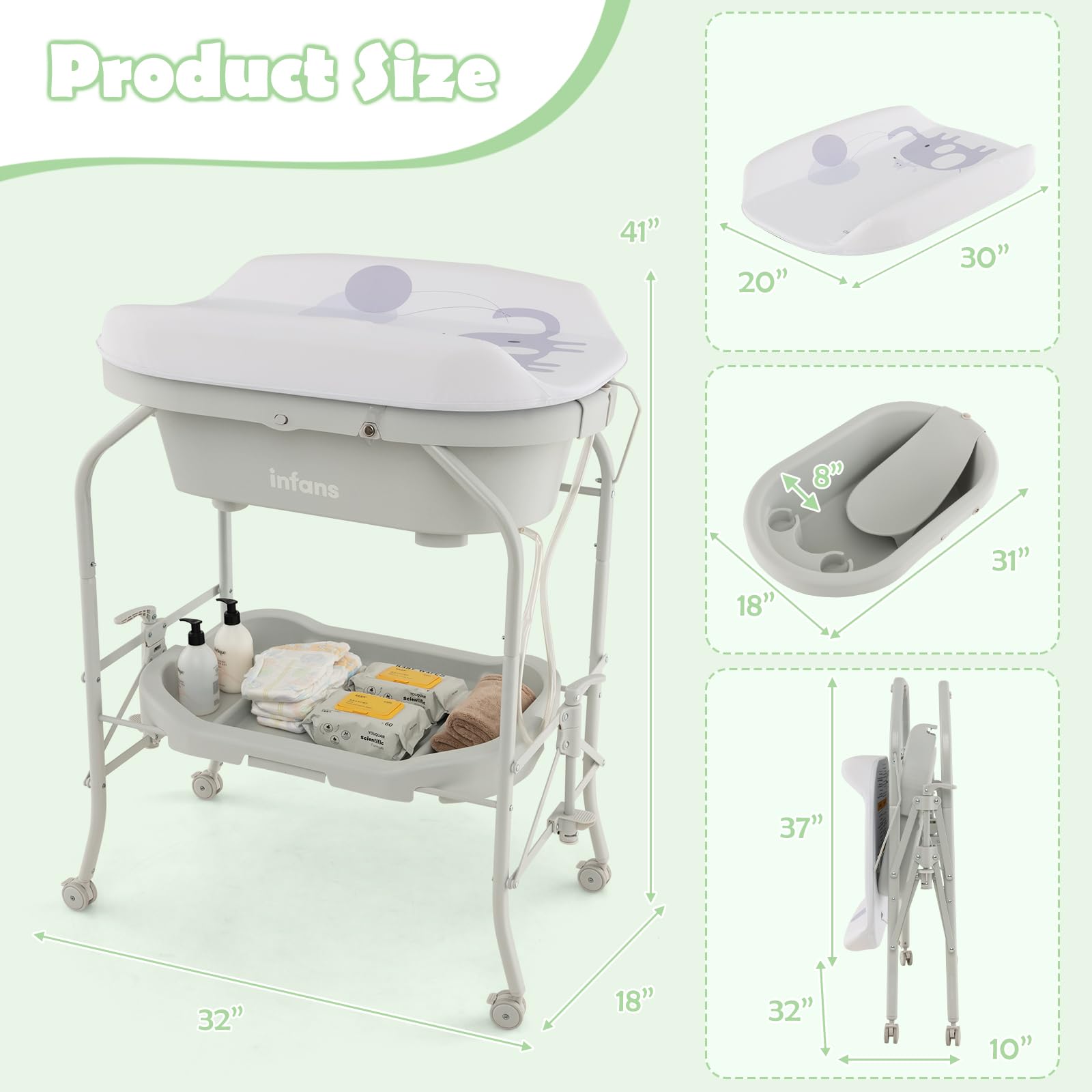 INFANS 2 in 1 Baby Changing Table with Bath Tub Unit, Folding Diaper Dresser Station with Wheels Waterproof Pad