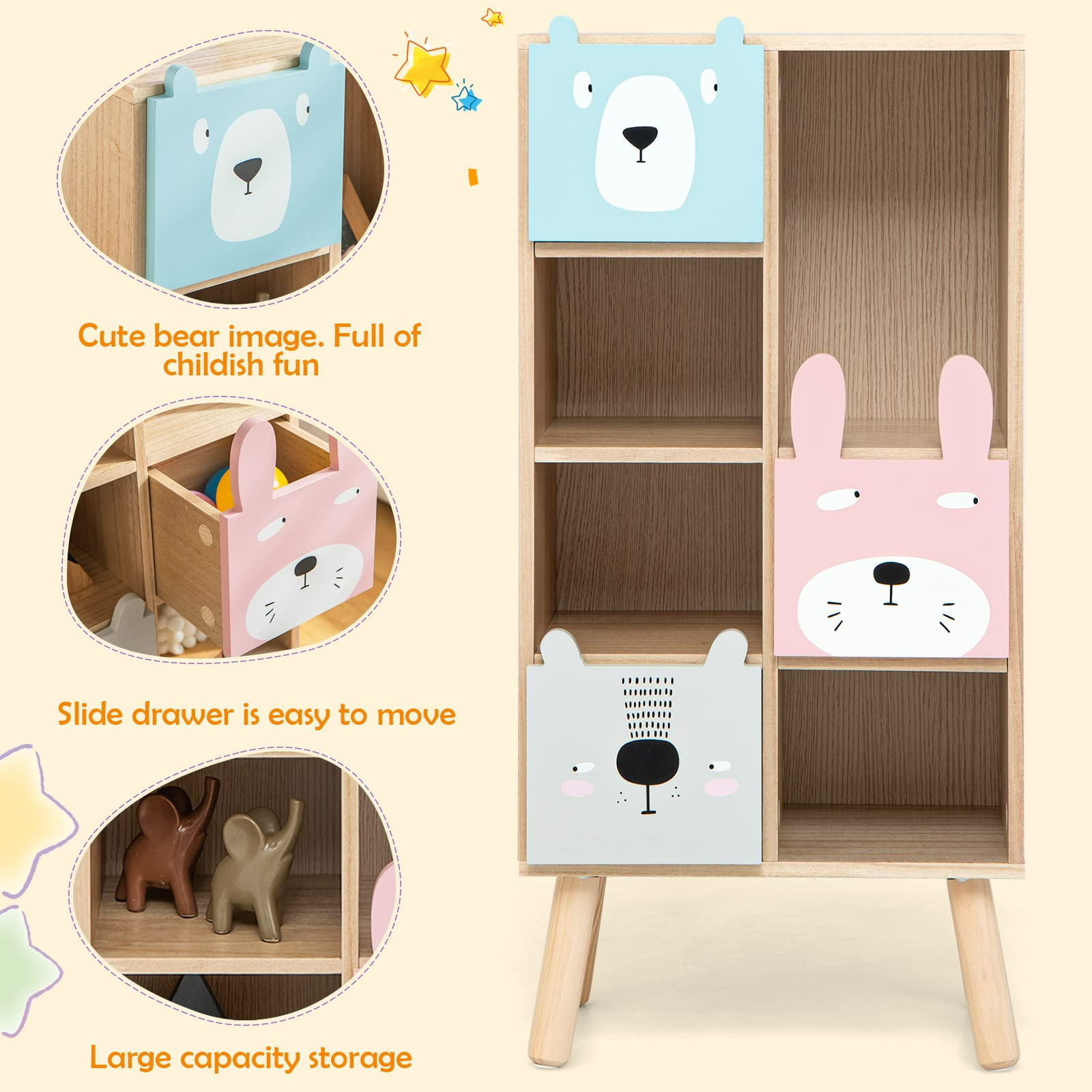 INFANS Kids Bookcase Toy Storage Organizer, Children Storage Cabinet with 3 Slide Drawers and 4 Cubes INFANS