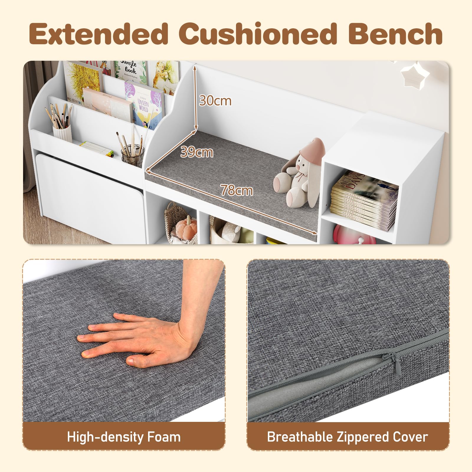 Kids Bookshelf Toy Storage Organizer with Reading Nook Seat Cushion