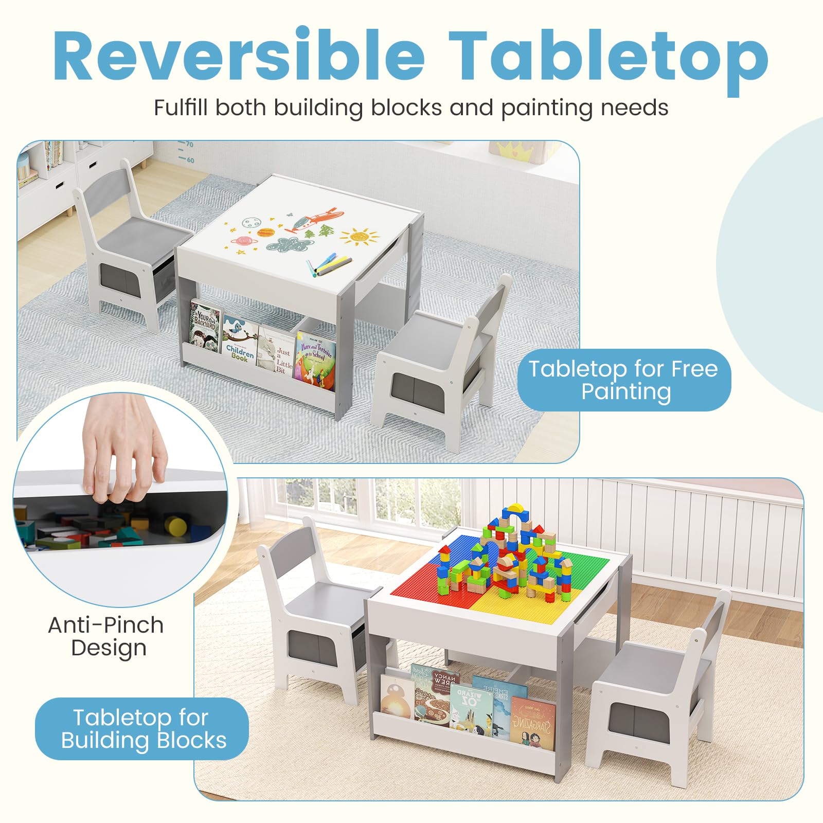 INFANS Kids Table and Chair Set, 4 in 1 Building Block Wooden Activity Desk with Reversible Tabletop for Toddlers