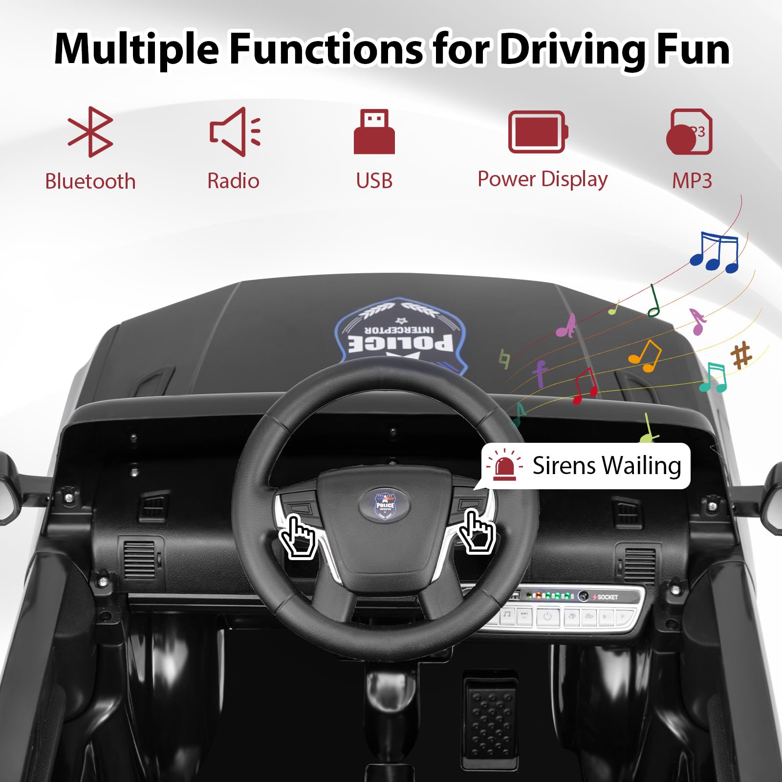 INFANS Ride on Police Car, 12V Kids Battery Powered Electric Vehicle with Siren, Flashing Lights, Bluetooth, Power Display