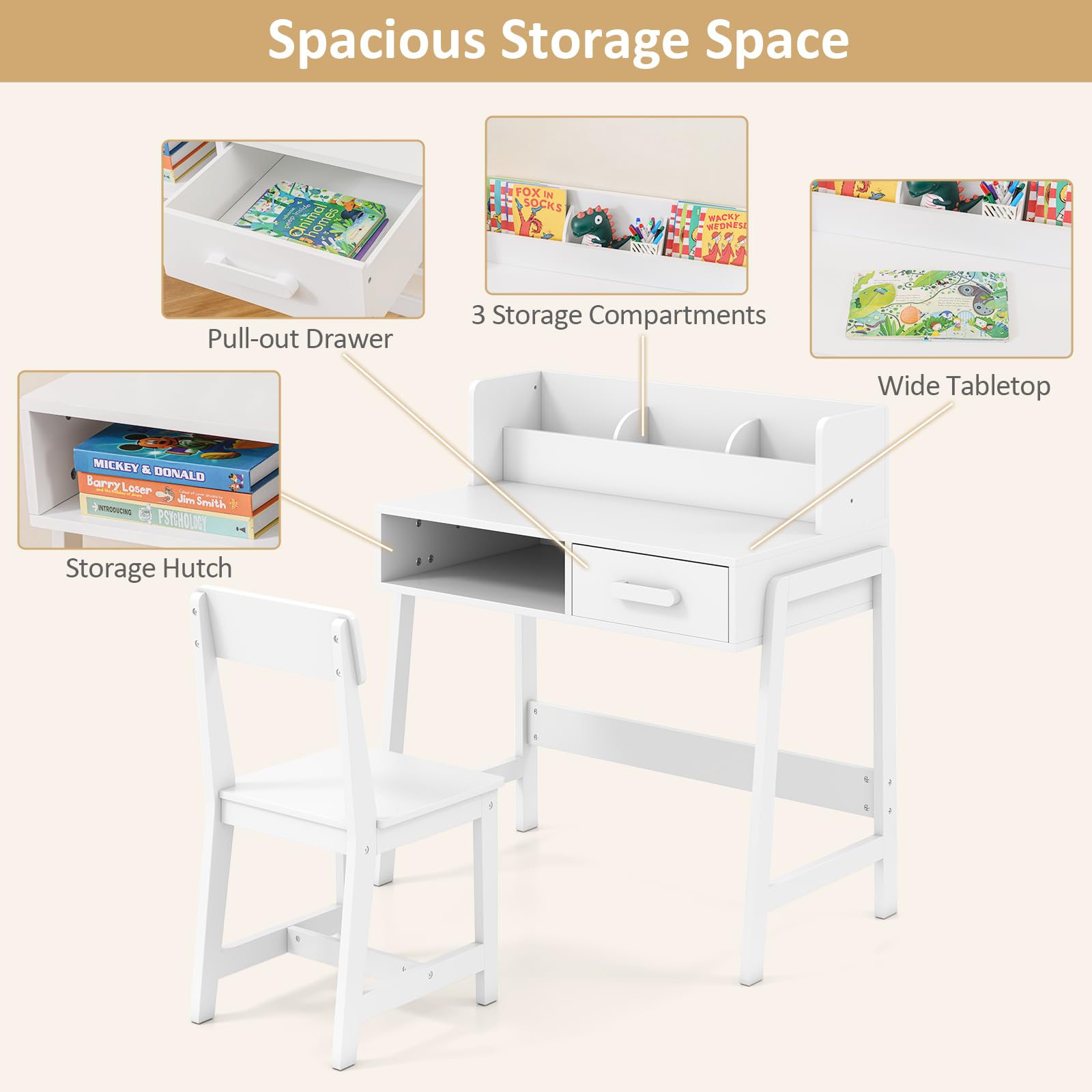 INFANS Table and Chair Set, Toddler Wooden Student Study Desk with Chair Storage Hutch Compartments Drawers