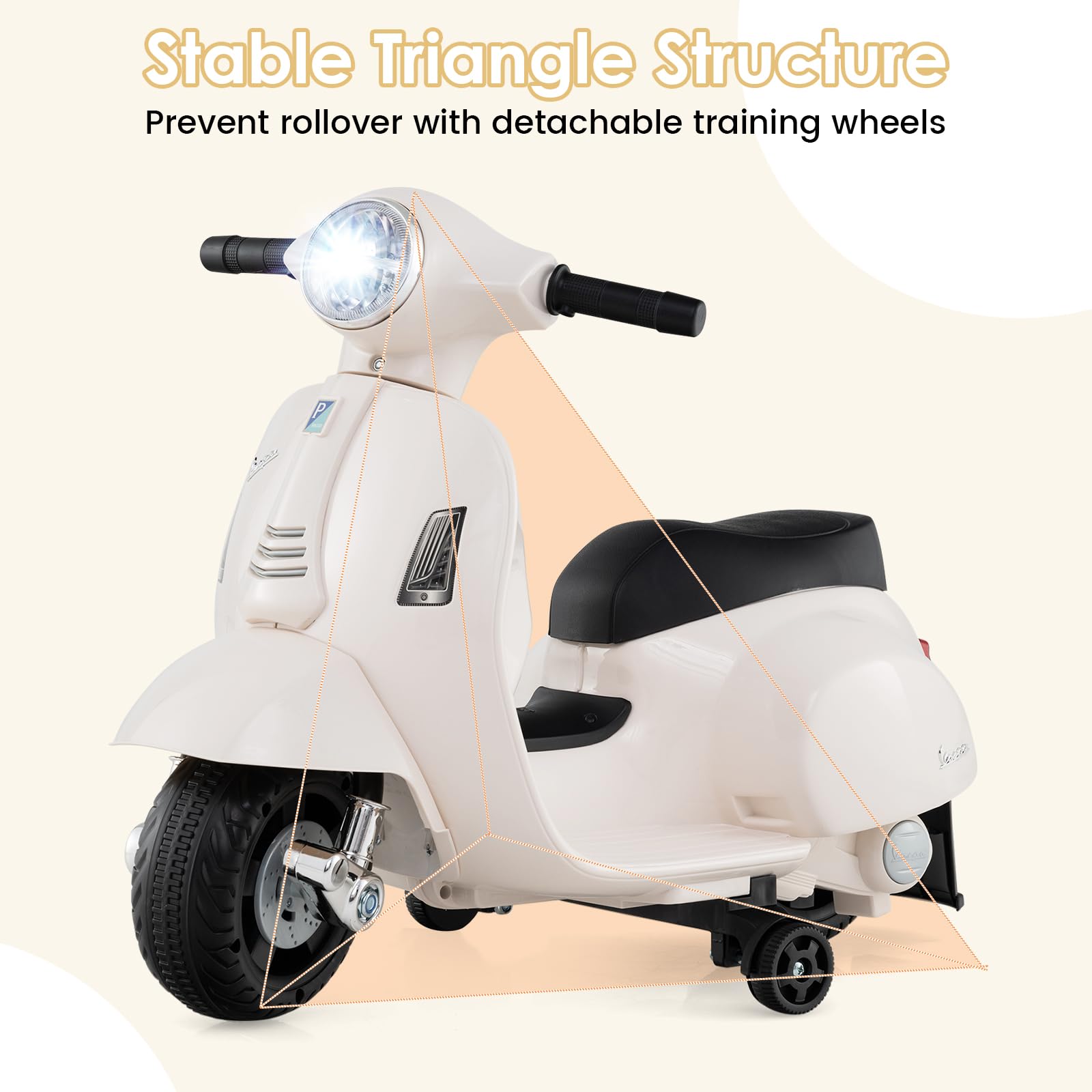 INFANS Licensed Vespa Kids Motorcycle, 6V Battery Powered Motorbike for Toddlers with Training Wheels, Horn, LED Lights