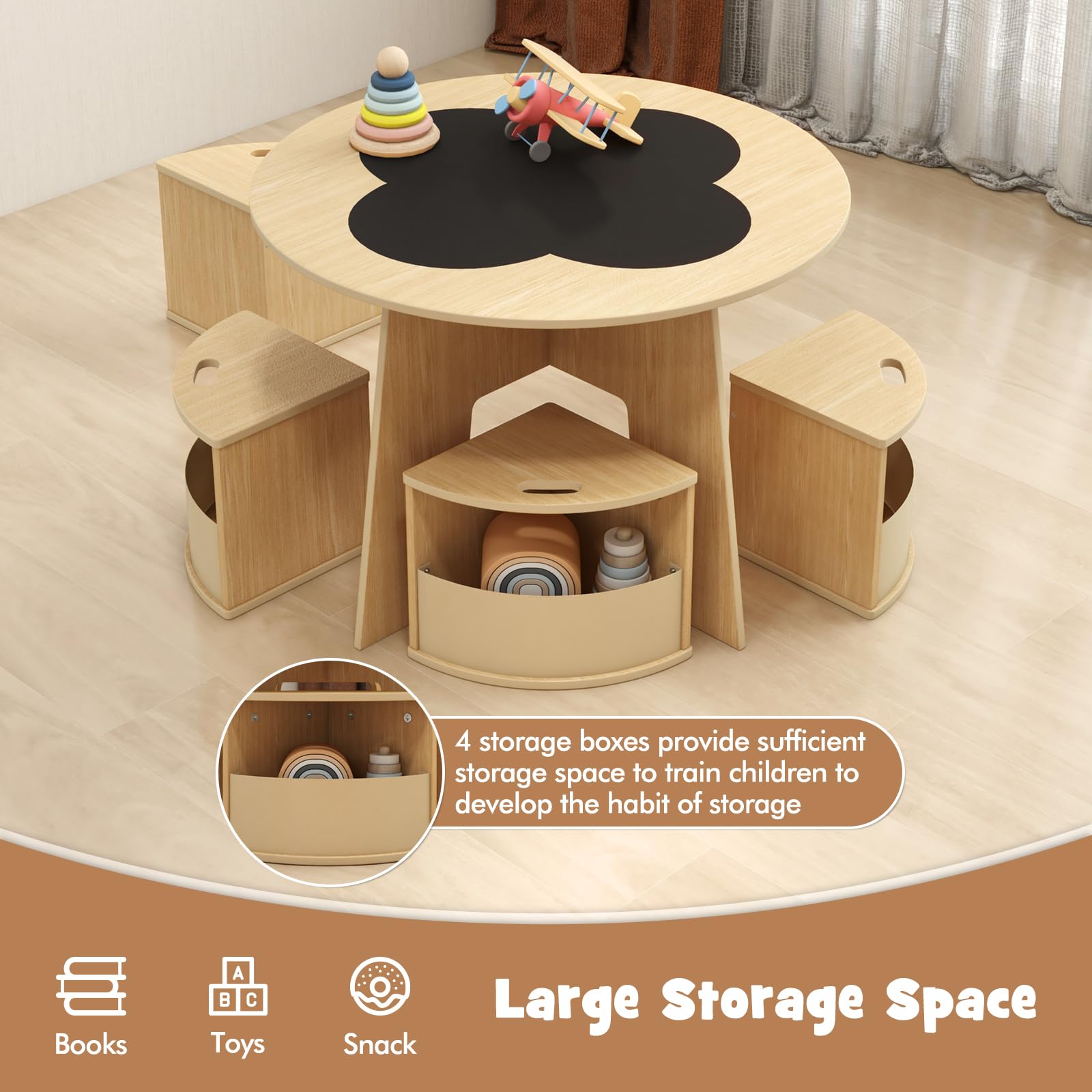 INFANS Toddler Table and Chair Set with 4 Storage Stools, Wooden Flower Shaped Nesting Table with Blackboard Drawers