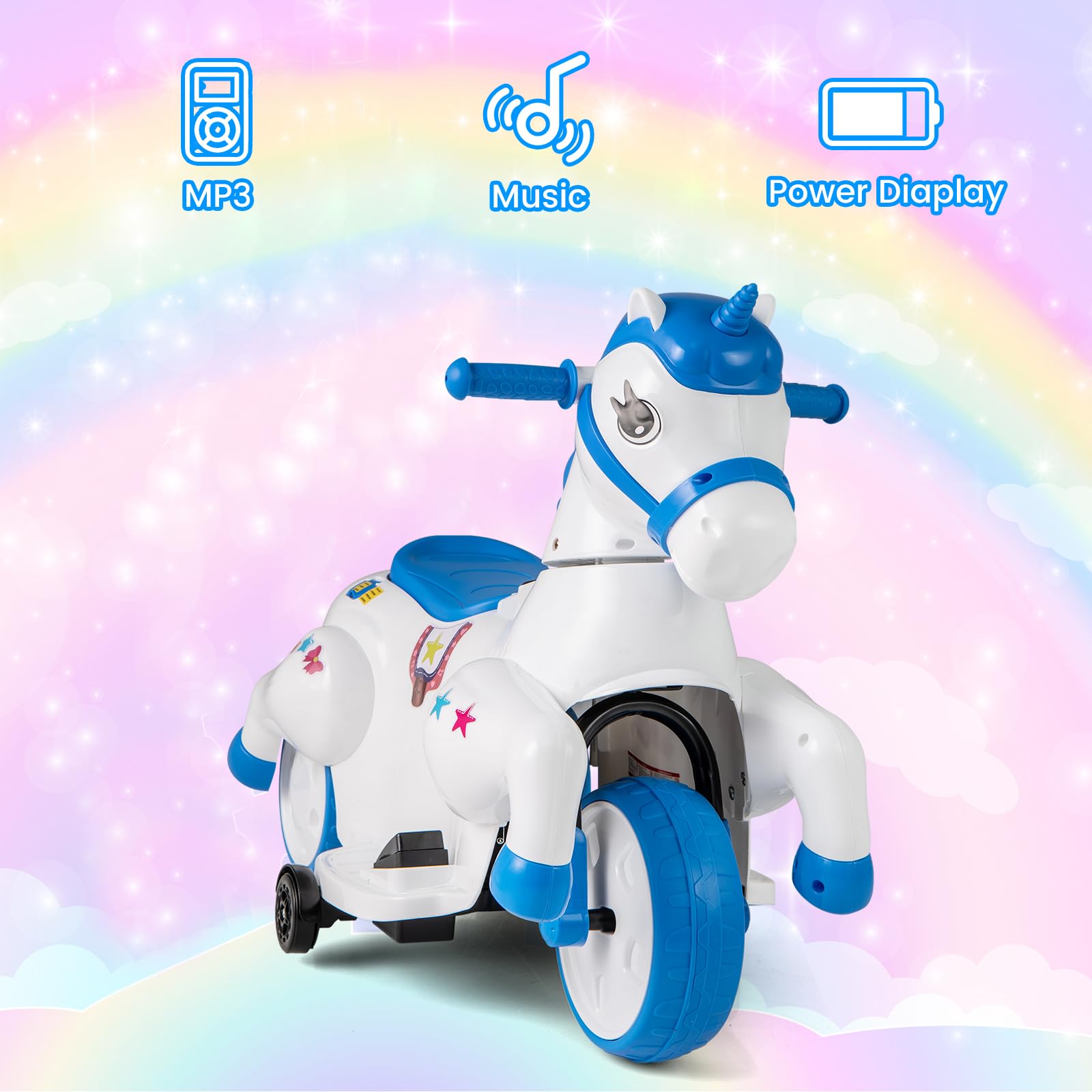 INFANS 2 in 1 Ride on Motorcycle and Horse, Unicorn 6V Battery Powered Ride on Toy with Up & Down Function, Kids Electric Vehicle