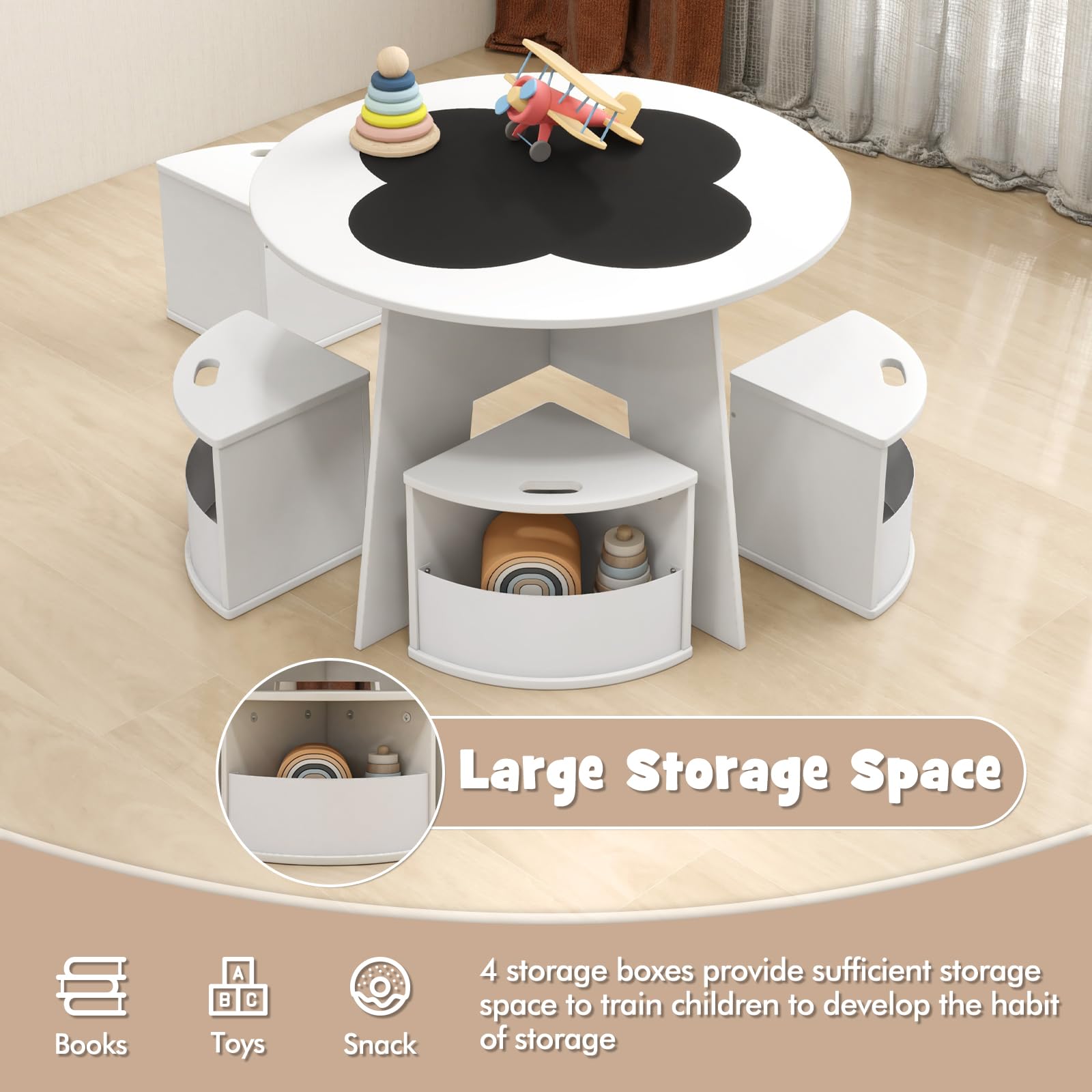 INFANS Toddler Table and Chair Set with 4 Storage Stools, Wooden Flower Shaped Nesting Table with Blackboard Drawers