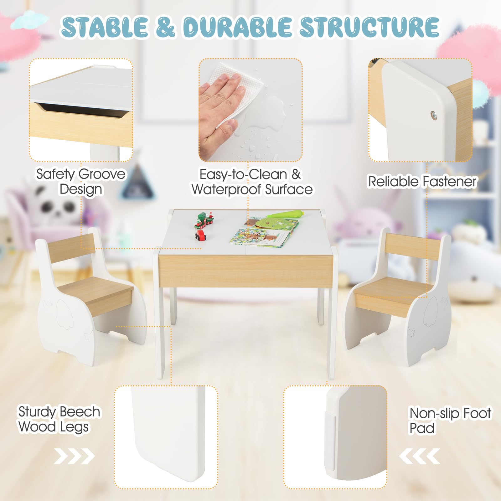 INFANS 3 in 1 Kids Table and Chair Set, Wood Multi Activity Table with Removable Tabletop, Detachable Blackboard