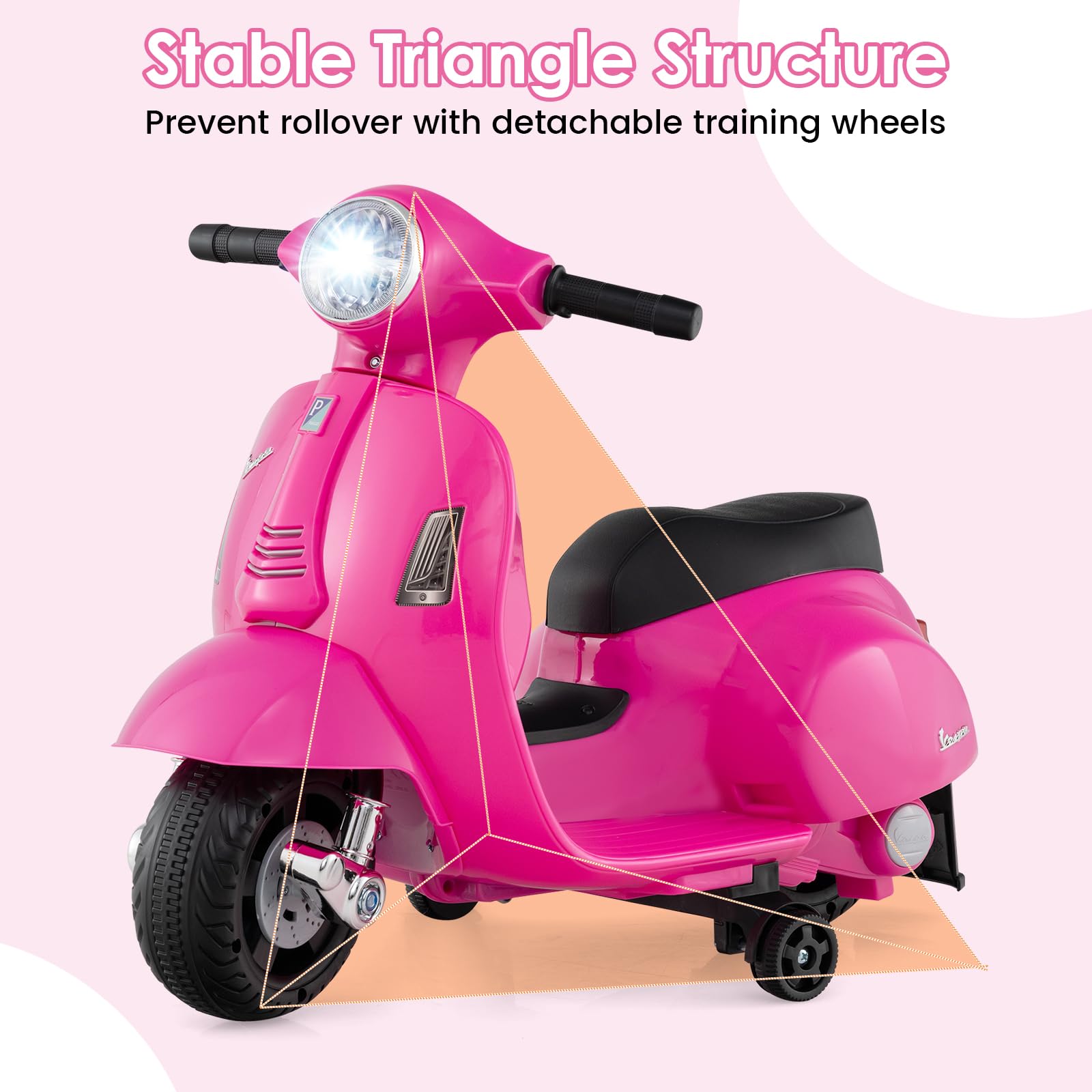 INFANS Licensed Vespa Kids Motorcycle, 6V Battery Powered Motorbike for Toddlers with Training Wheels, Horn, LED Lights