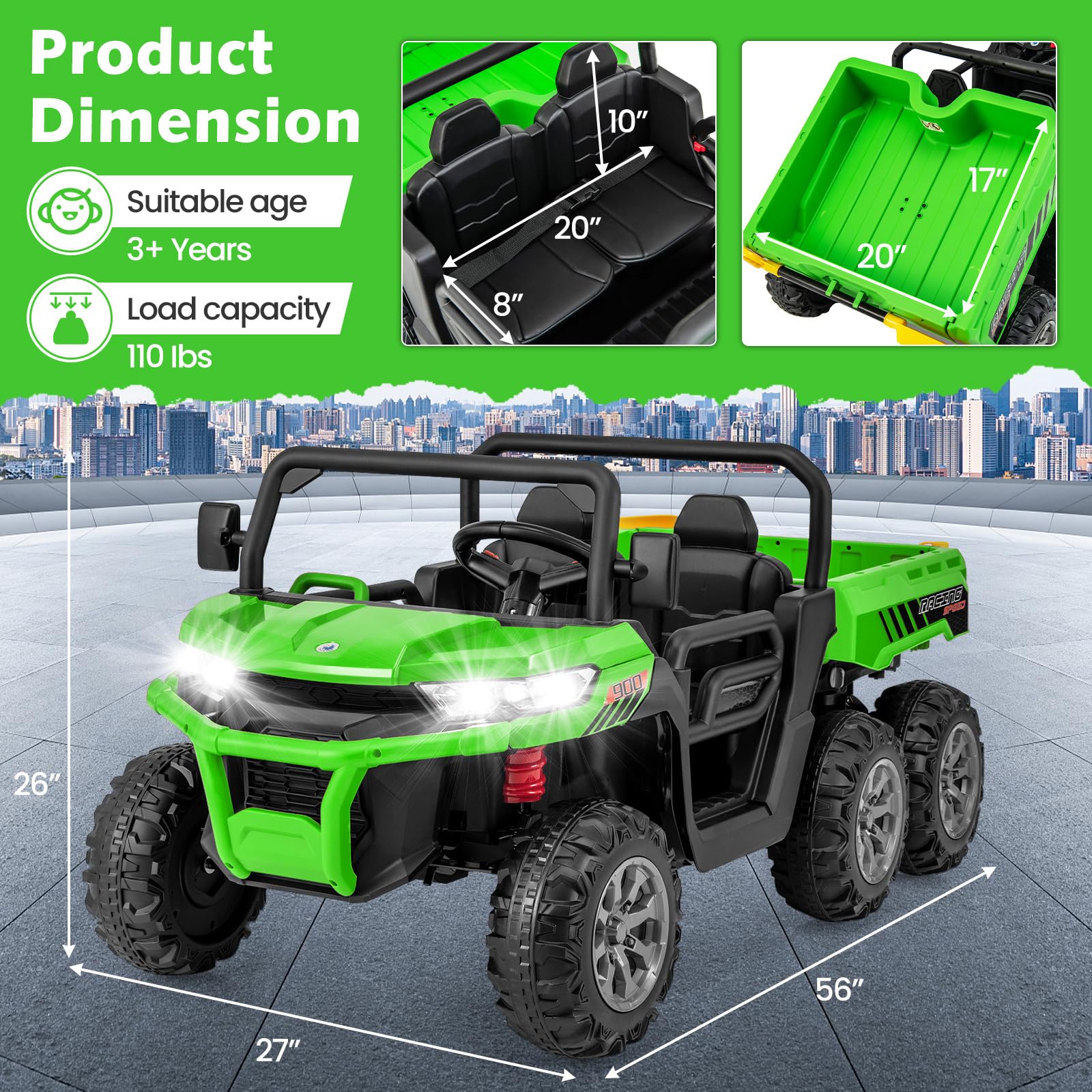 4WD 6x6 Battery Powered Kids UTV with Remote Control