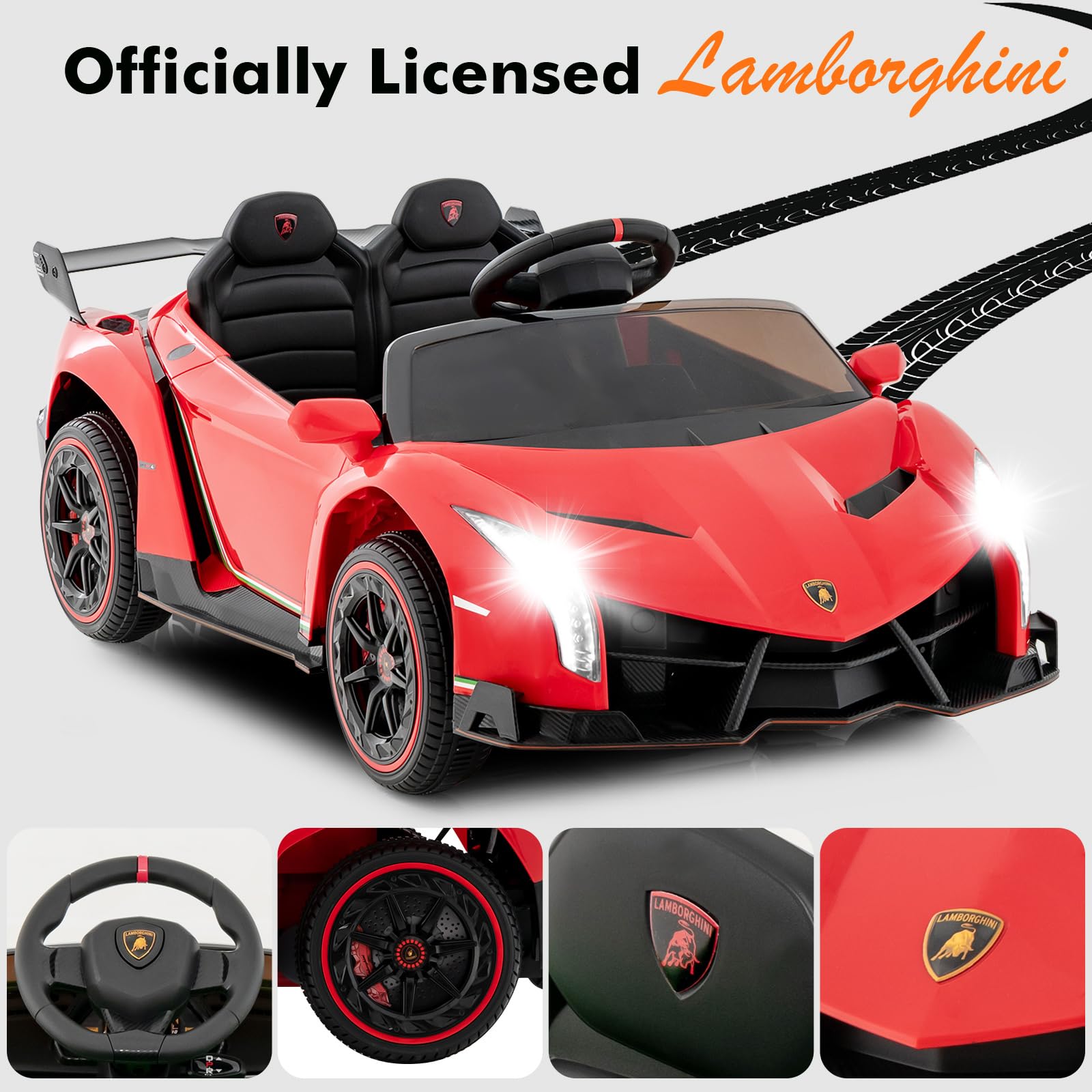 INFANS 2 Seater Kids Ride on Car, 12V 4WD Licensed Lamborghini Veneno Powered Electric Vehicle with Rocking Mode, Remote Control