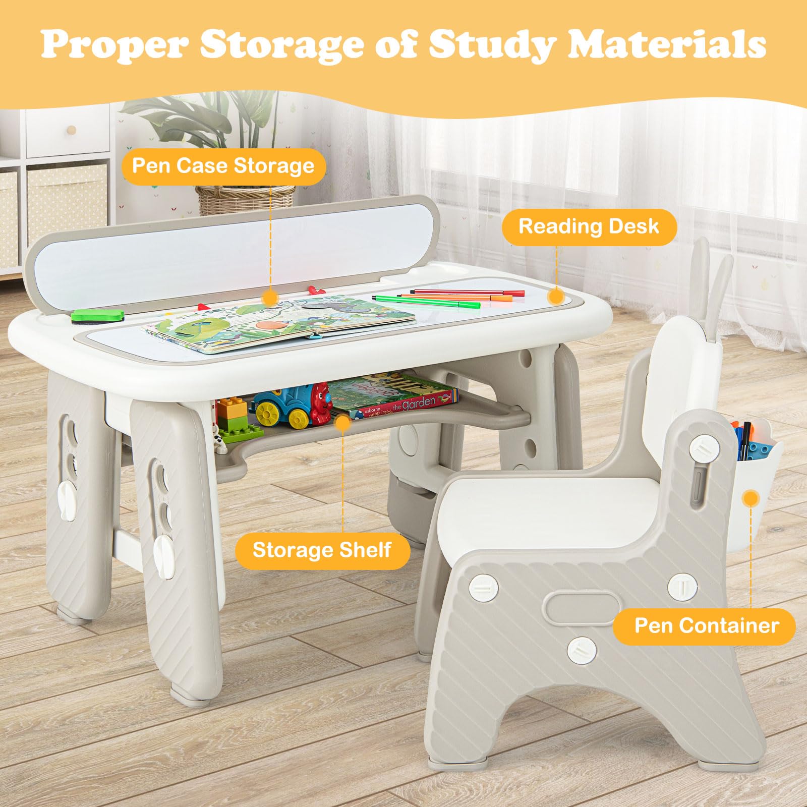 INFANS Kids Table and Chair Set, Activity Table with Magnetic Drawing Board Adjustable Height, Toddler Plastic Furniture Table