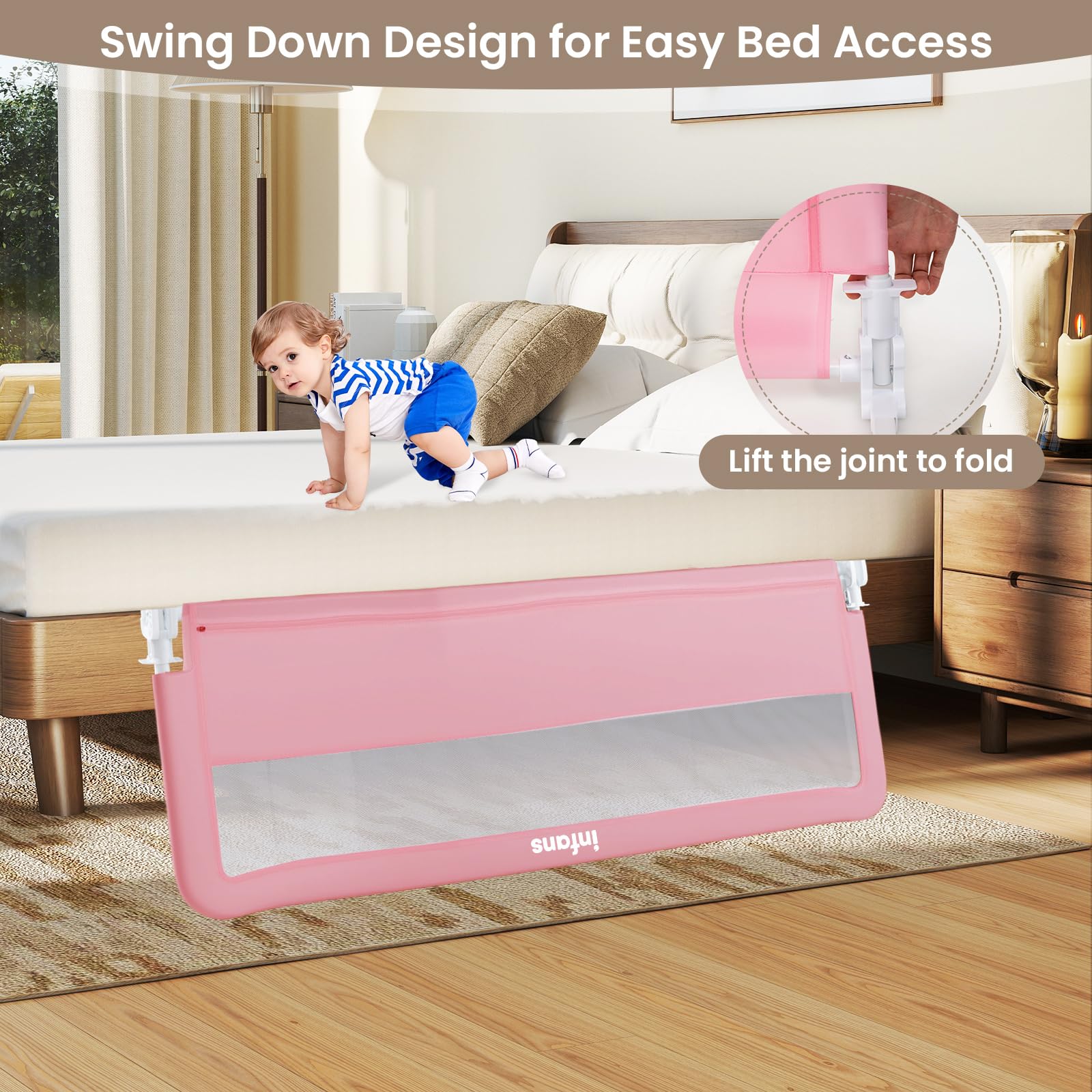 INFANS Bed Rail for Toddlers, 59" Foldable Safety Baby Crib Rail Fit for Kids Twin, Extra Long Swing Down Bed Guardrail for Convertible Crib, Queen, Full, King Mattress Side Guard