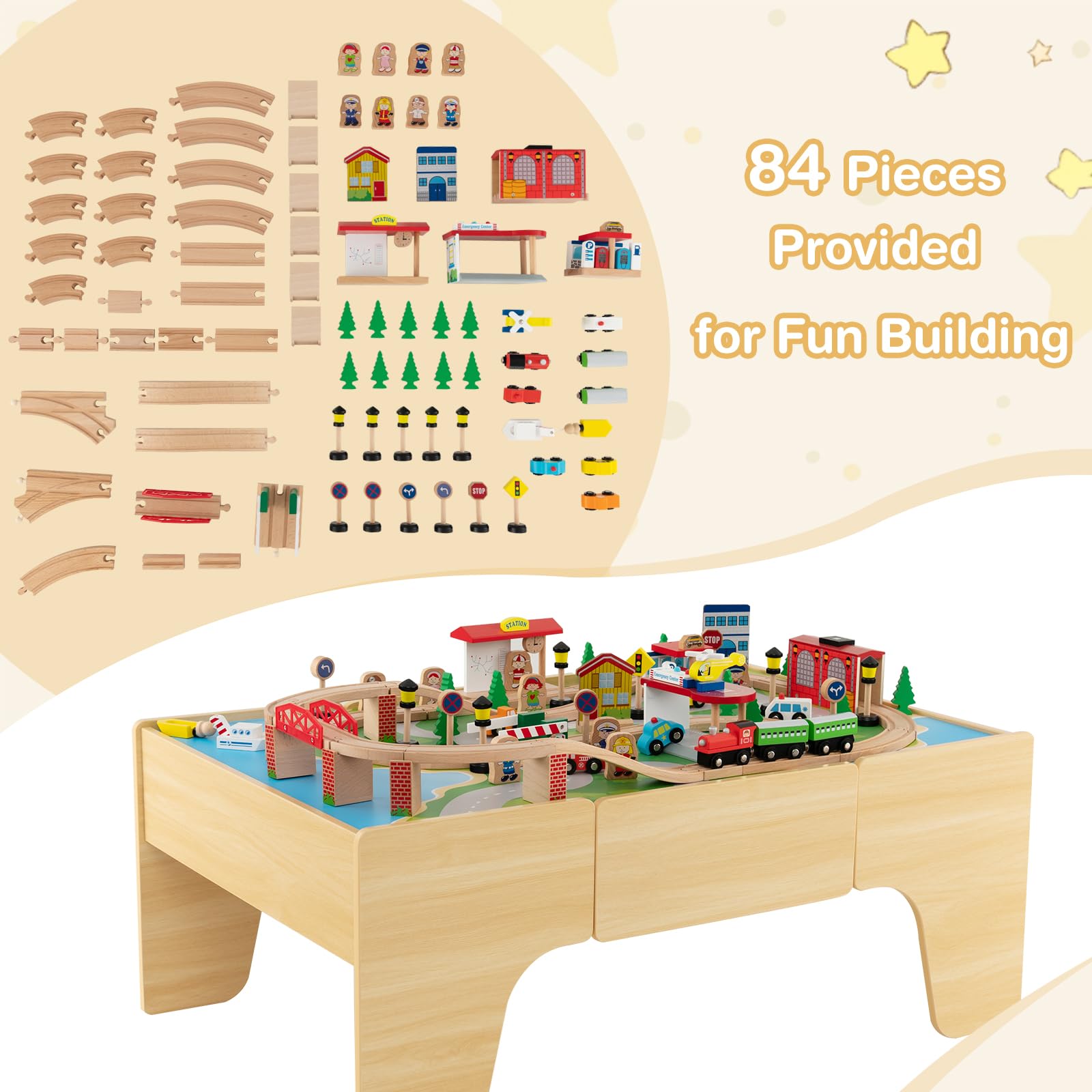 80 Pieces Wooden Kids Activity Toy Table Playset with Reversible Detachable Tabletop