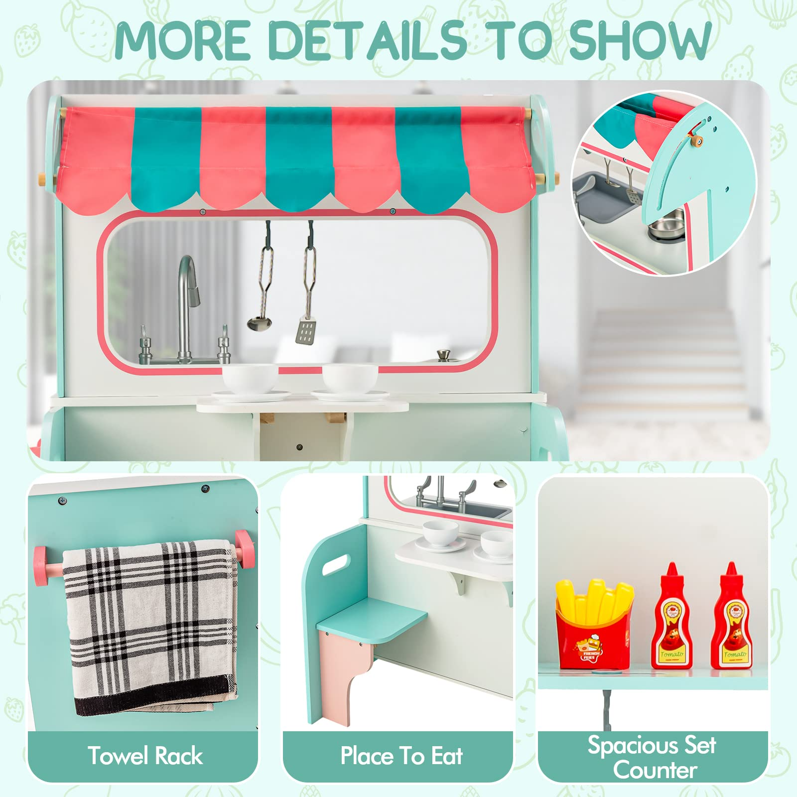 INFANS 2 in 1 Kids Play Kitchen and Restaurant, Double Sided Toddler Wooden Pretend Cooking Set with Stove Sink Microwave Storage Cabinet INFANS