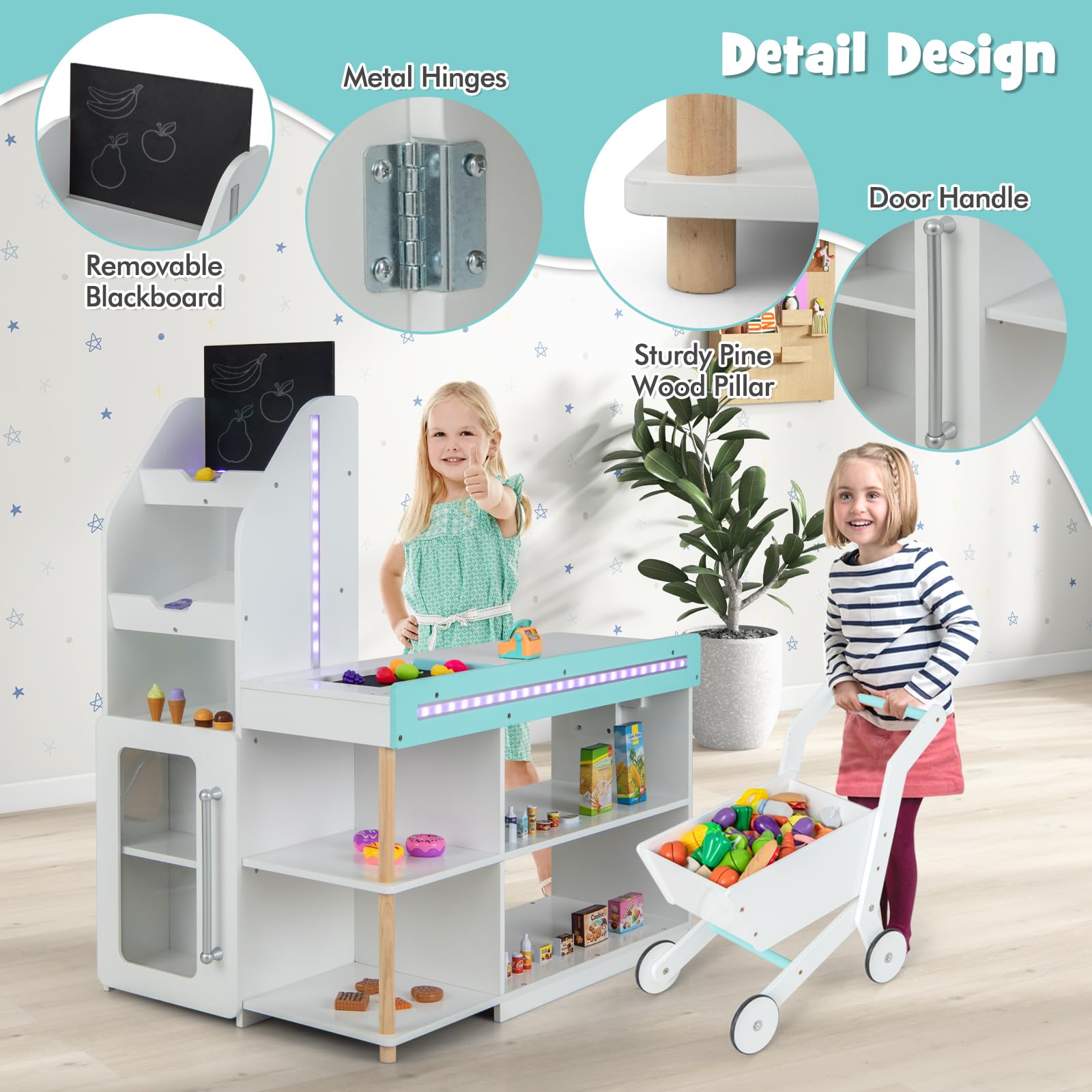 INFANS Kids Grocery Store Playset, Wooden Pretend Play Supermarket with LED Lights, Market Stand Toy