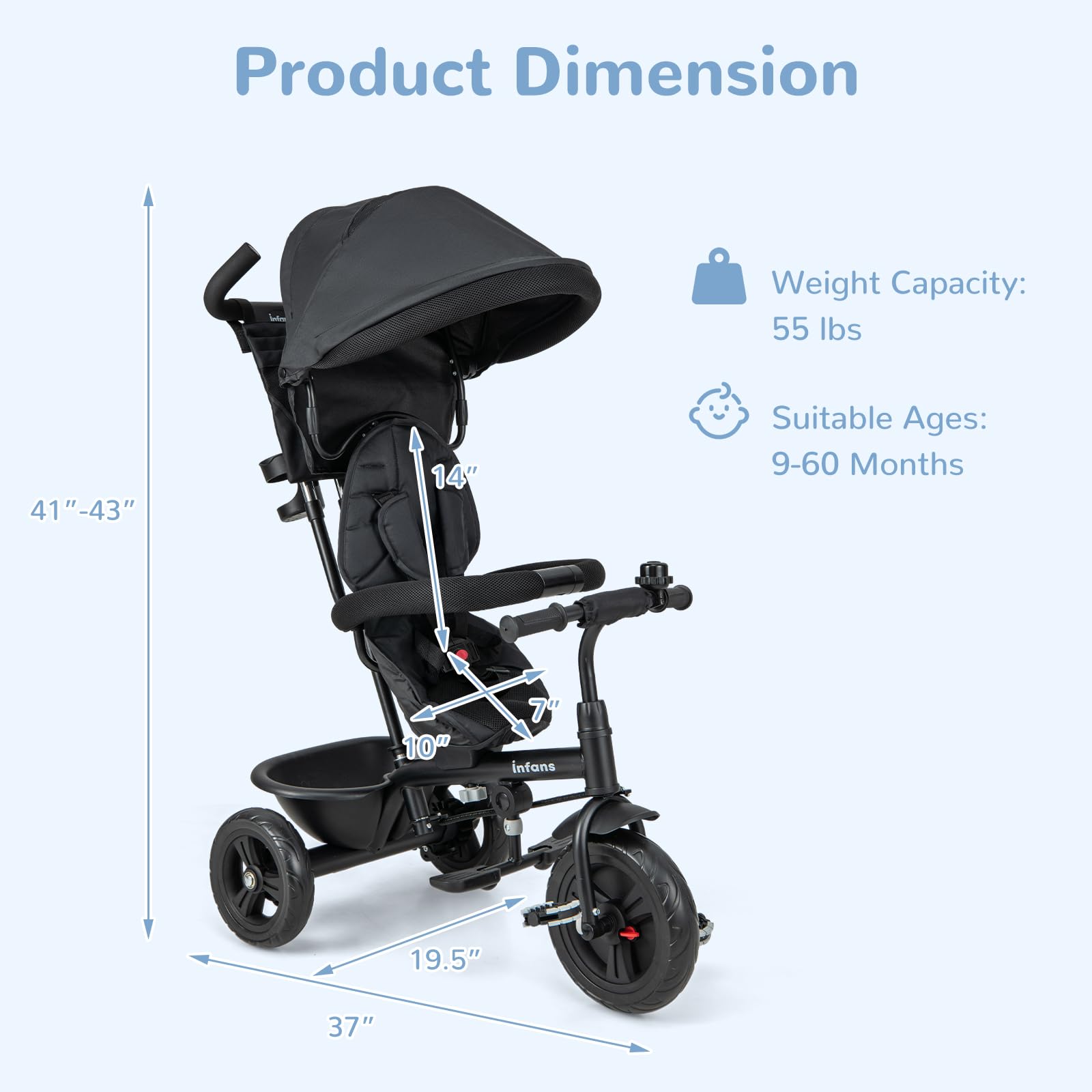 INFANS Kids Tricycle, 6 in 1 Baby Trike Toddler Bike with Reversible Seat, Adjustable Push Handle, Removable Canopy