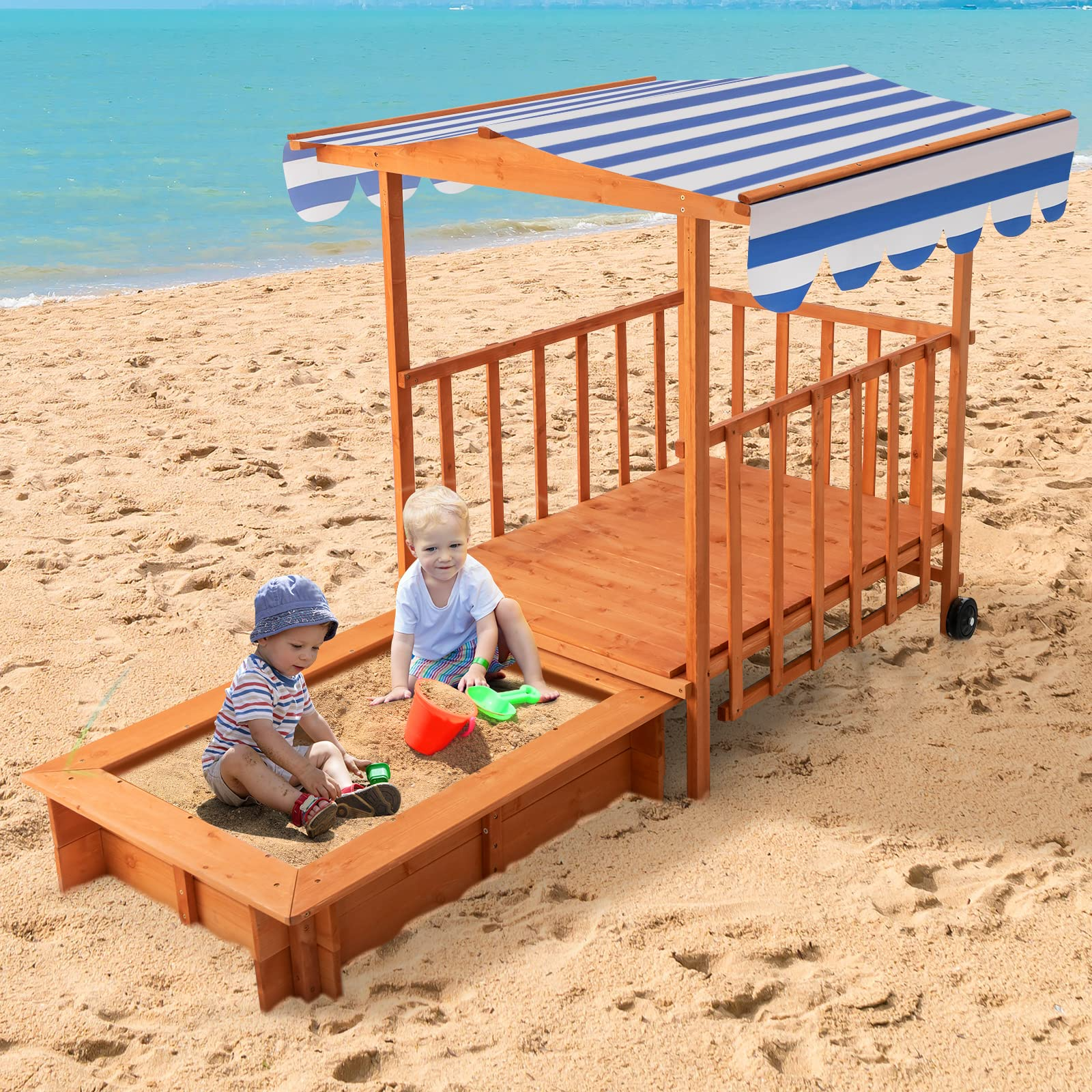 INFANS Children Playset Sandpit, 3 in 1 Kids Sandbox, Wooden Cedar Cabana Sandbox Playhouse for Outdoor Beach Backyard