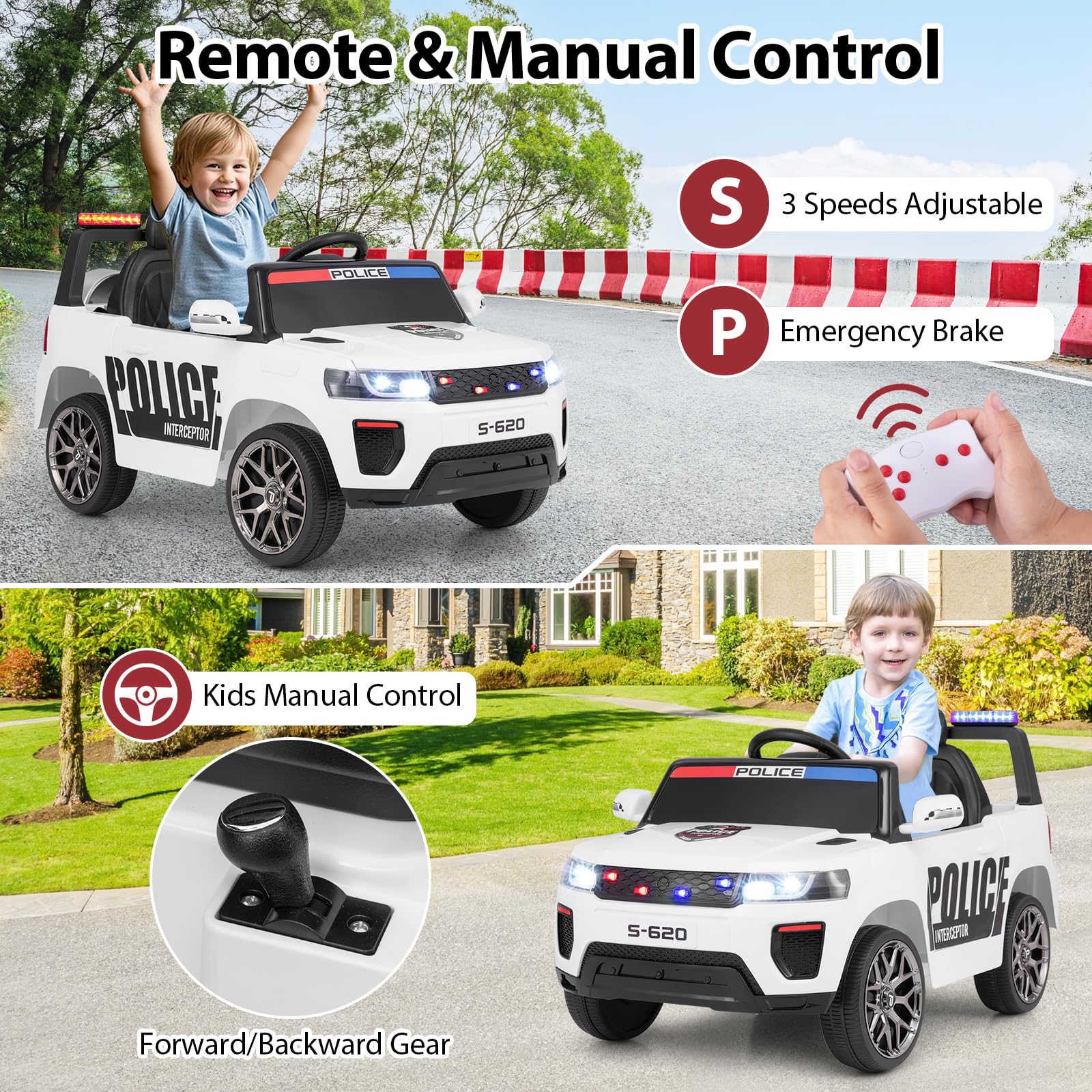 INFANS Ride on Police Car, 12V Kids Battery Powered Electric Vehicle with Siren, Flashing Lights, Bluetooth, Power Display