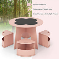 INFANS Toddler Table and Chair Set with 4 Storage Stools, Wooden Flower Shaped Nesting Table with Blackboard Drawers