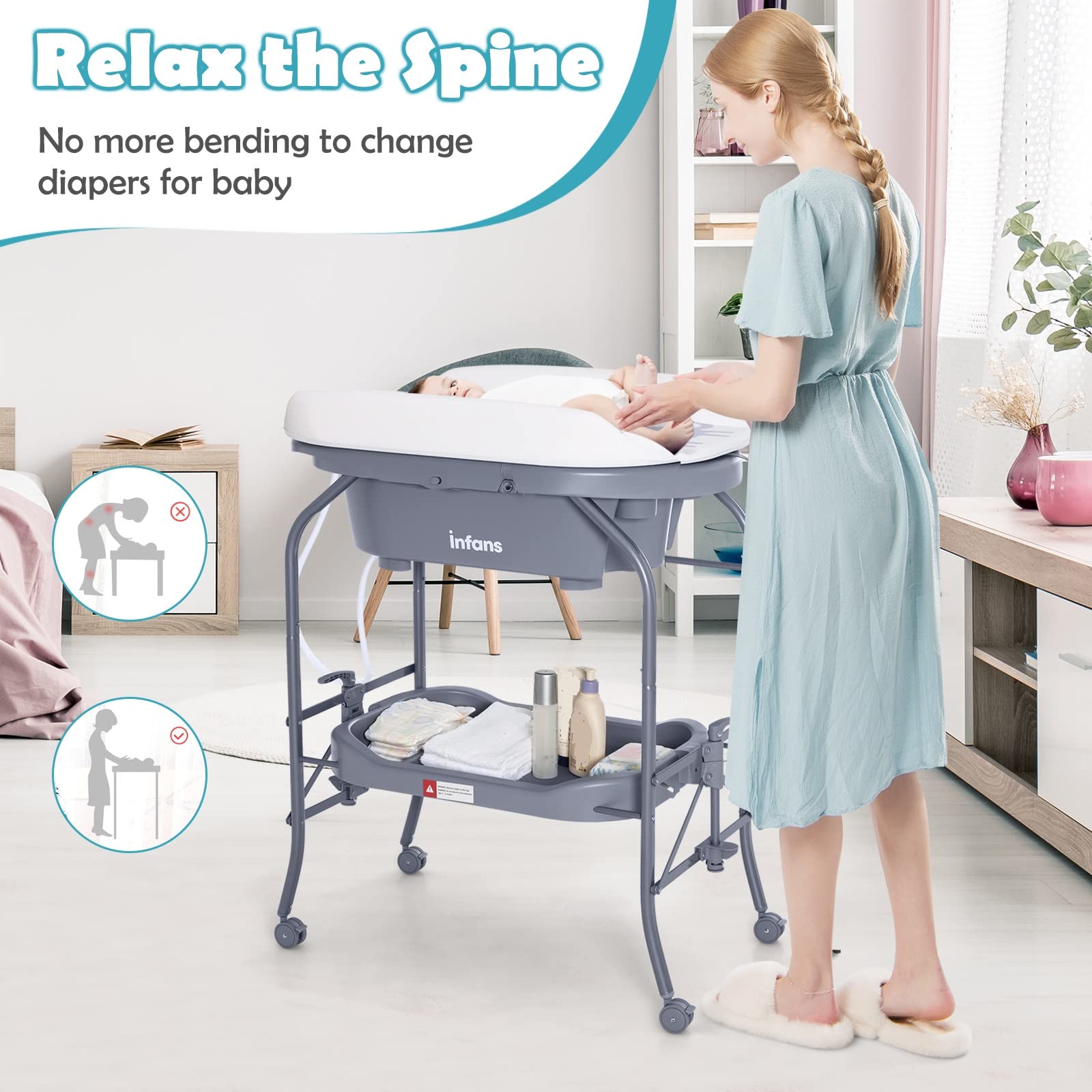 INFANS 2 in 1 Baby Changing Table with Bath Tub Unit, Folding Diaper Dresser Station with Wheels Waterproof Pad