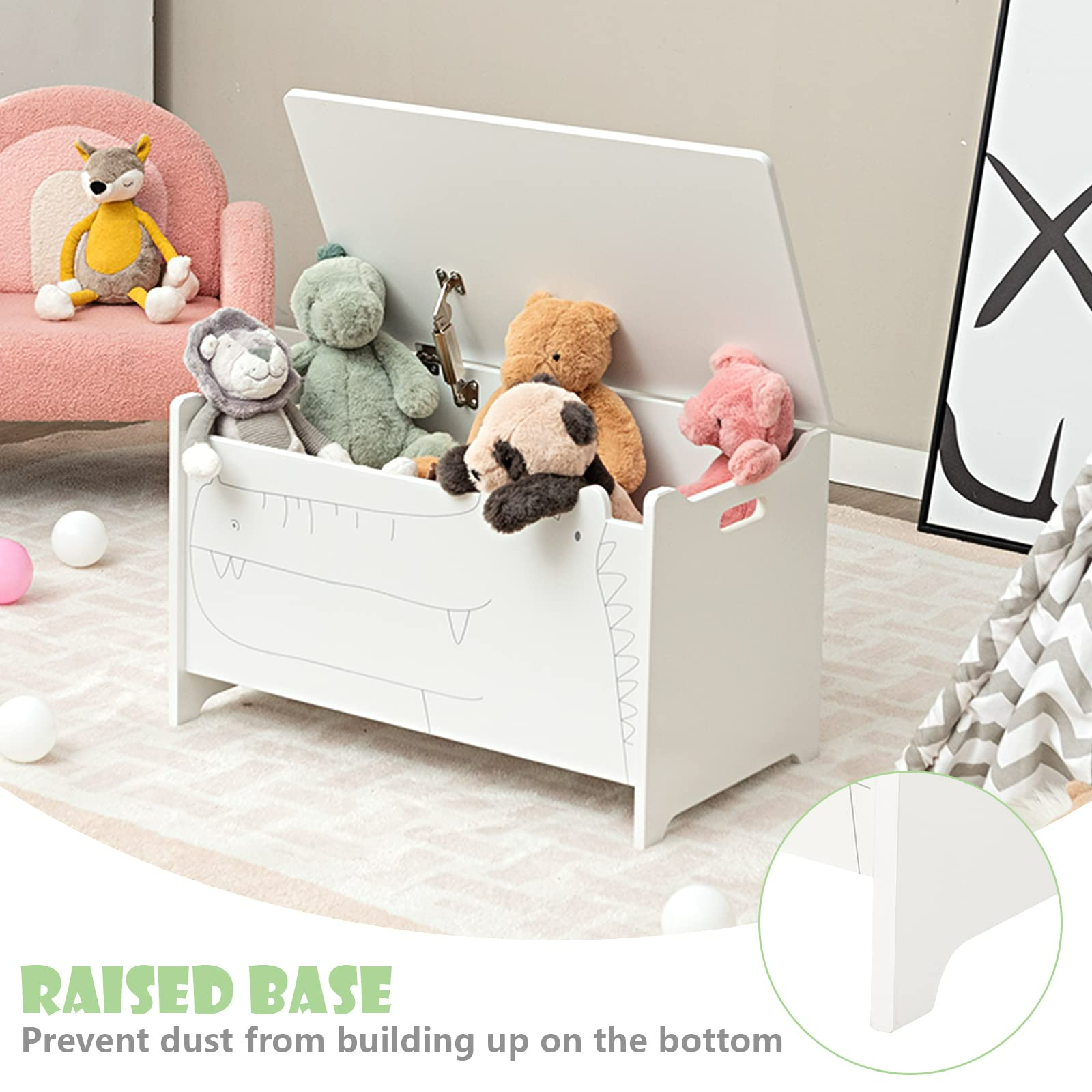 INFANS Wooden Toy Chest , Wide Kids Toy Box Storage Space with Safety Hinge and Handles INFANS