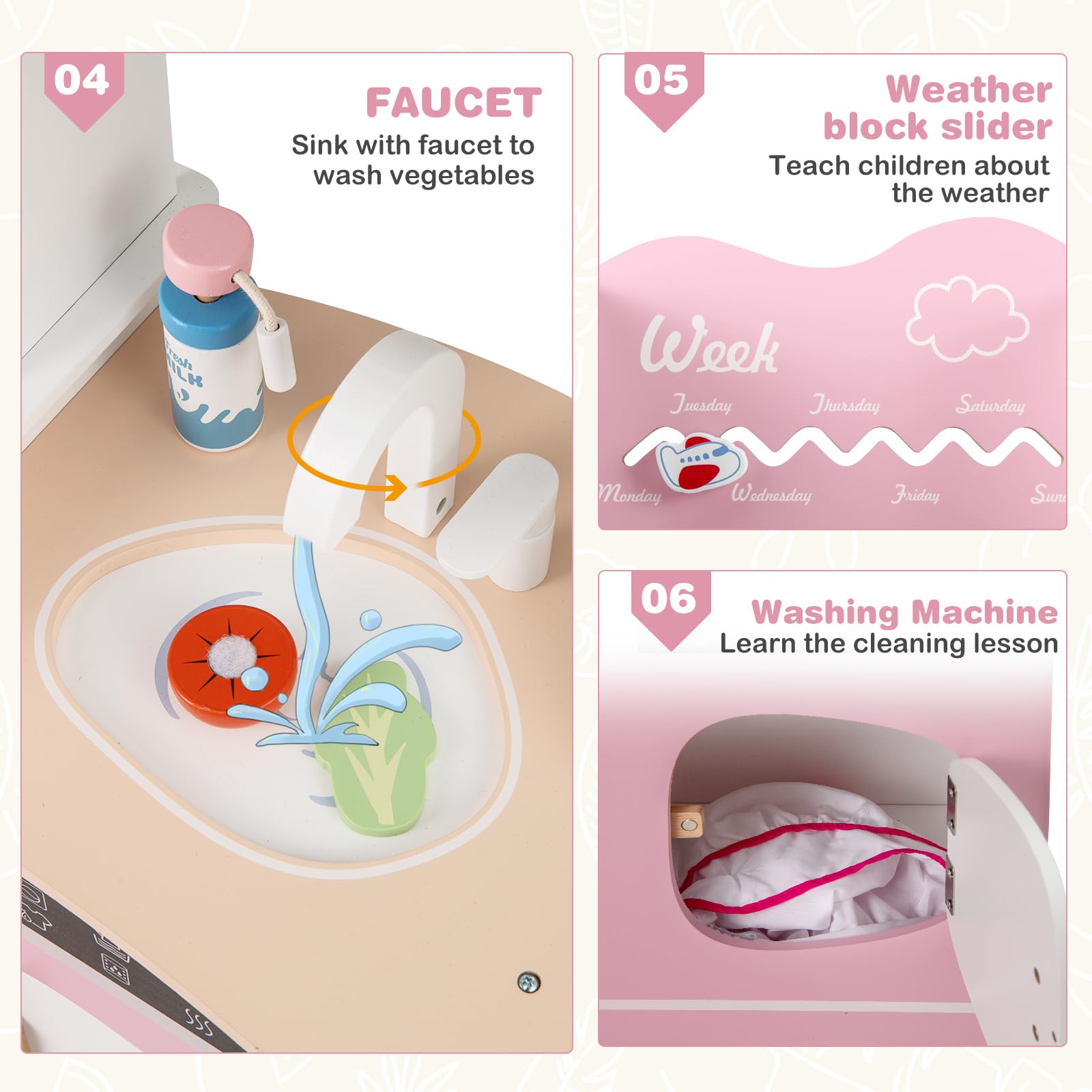 INFANS Corner Kids Kitchen Playset, Toddler Wooden Pretend Cooking Set with Lights Sounds Coffee Machine Washing Machine