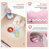 INFANS Corner Kids Kitchen Playset, Toddler Wooden Pretend Cooking Set with Lights Sounds Coffee Machine Washing Machine