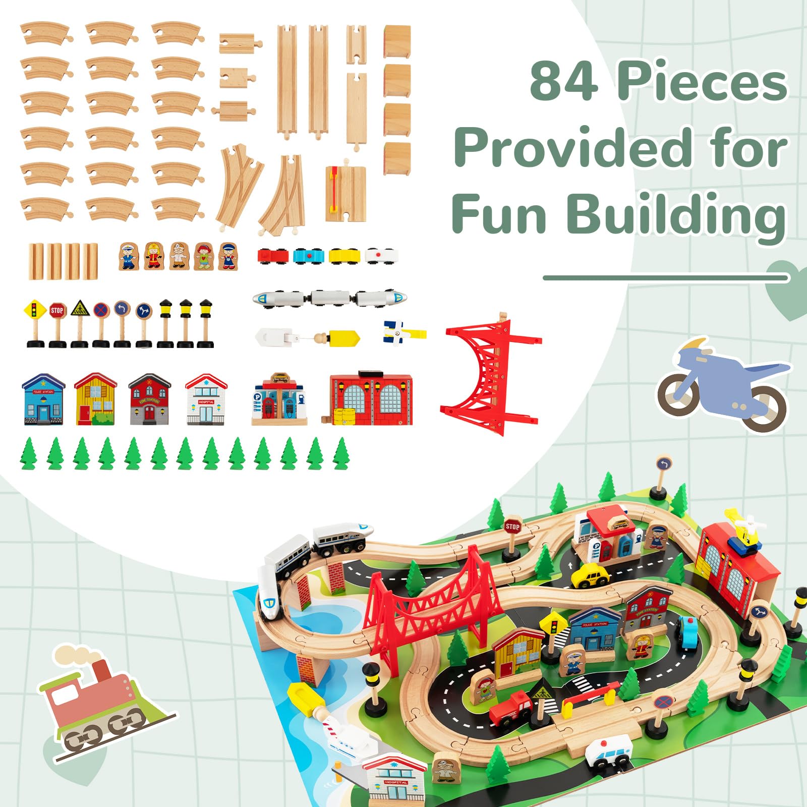 INFANS Train Table, 80 Pieces Wooden Kids Activity Toy Table Playset with Reversible Detachable Tabletop