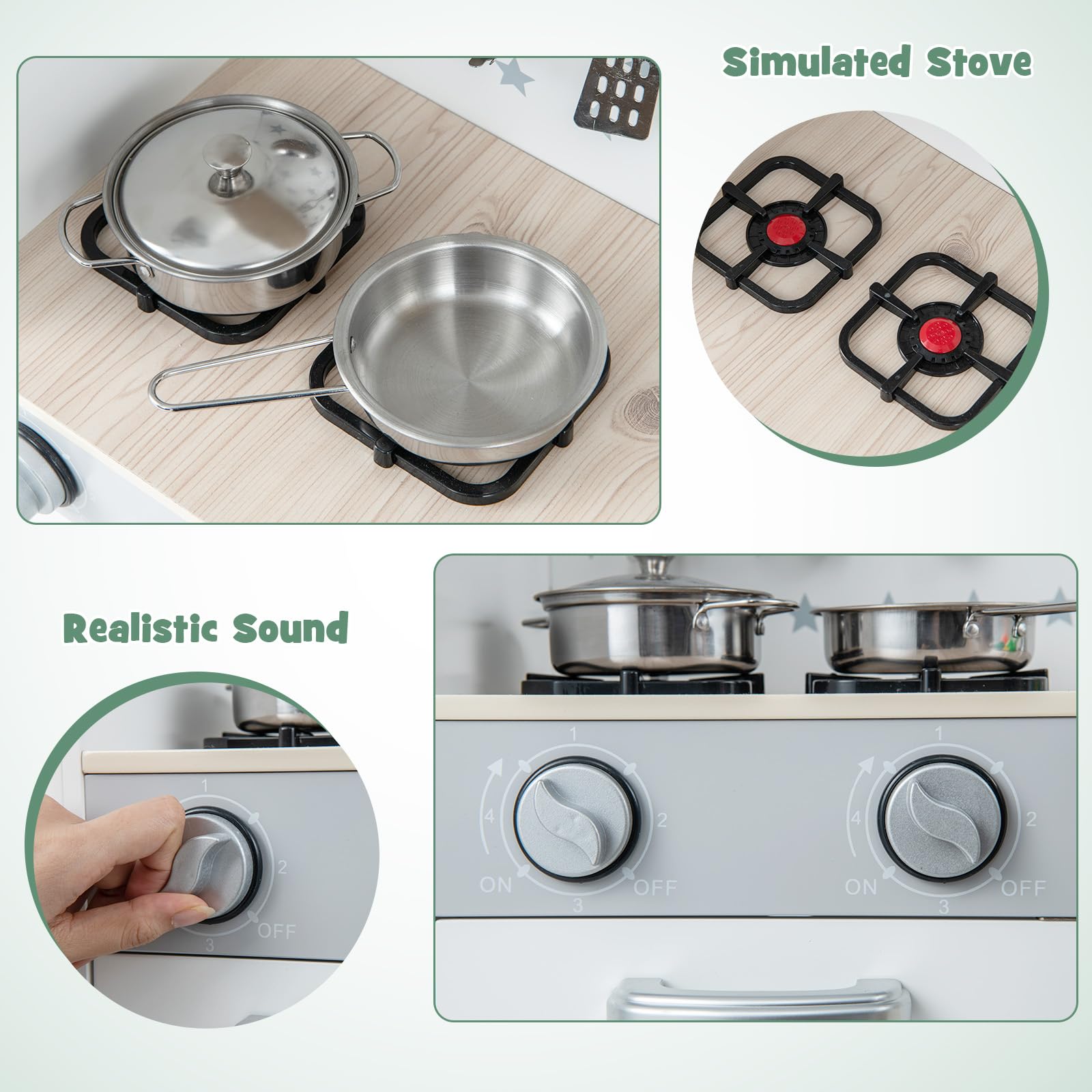 INFANS Kid Kitchen Playset, Toddler Wooden Pretend Cooking Set with Realistic Light & Sound, Stove, Sink, Microwave