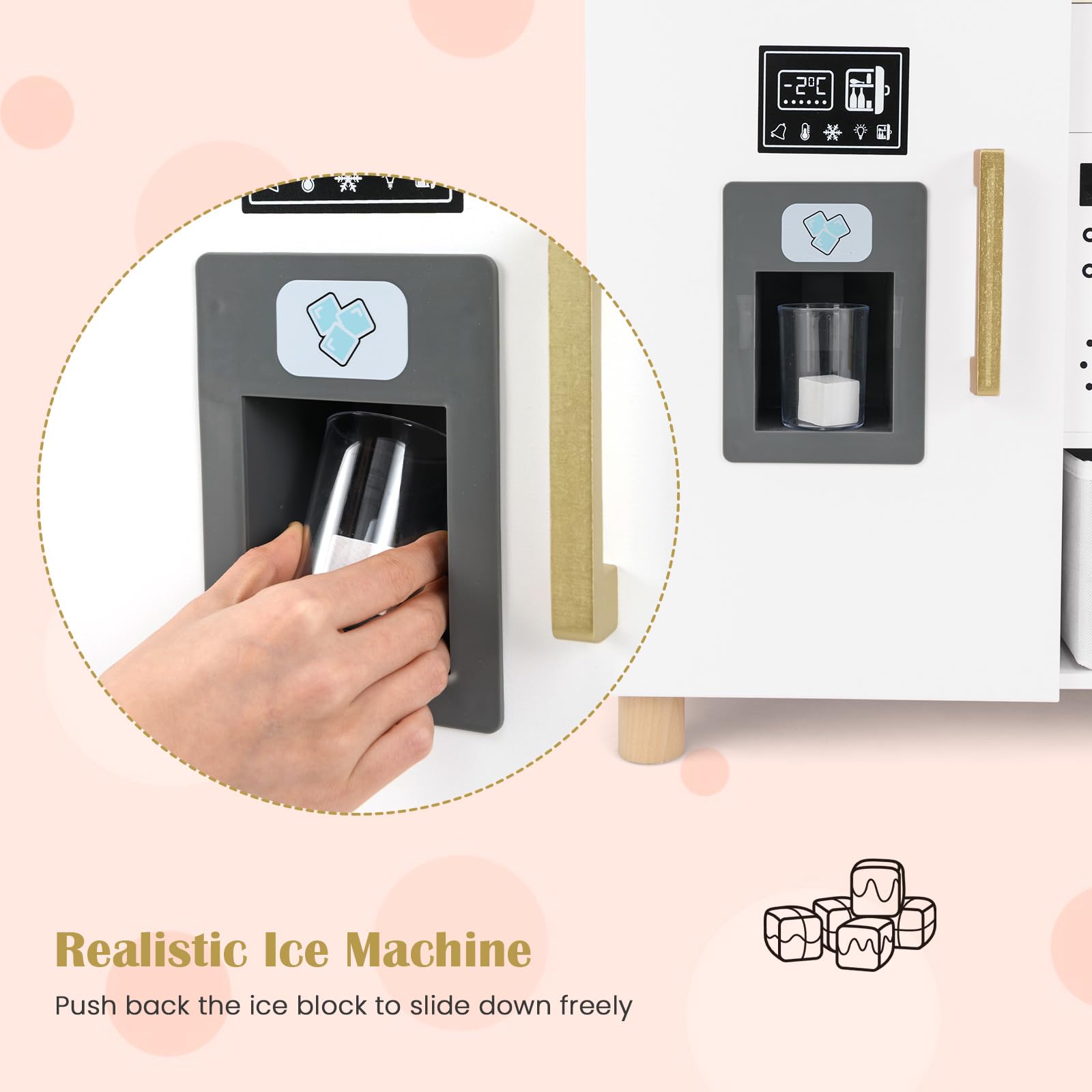 INFANS Kids Kitchen Playset, Toddler Wooden Pretend Cooking Toy Set with Acrylic Drawing Board Ice Machine Dishwasher