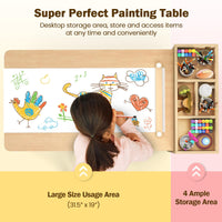 INFANS Kids Table and Chair Set, Toddler Art Craft Play Wood Activity Desk with 2 Chairs 4 Storage Canvas Bins Paper Roll
