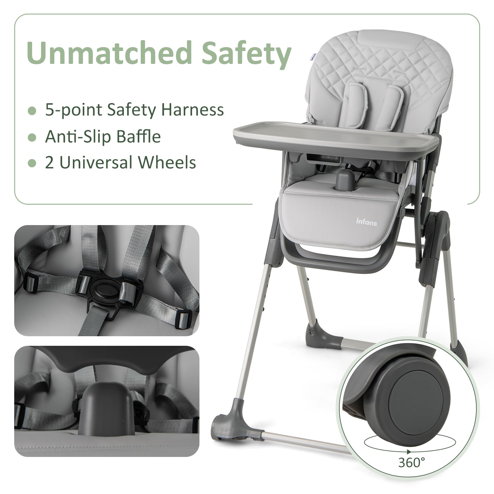 INFANS Baby High Chair, Convertible Quick Folding Portable Highchair for Babies and Toddlers with Adjustable Height