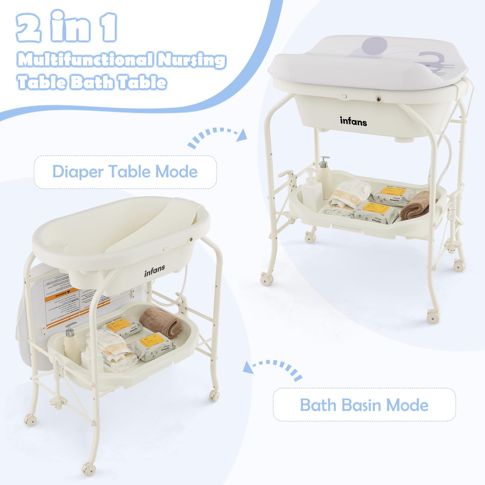 INFANS 2 in 1 Baby Changing Table with Bath Tub Unit, Folding Diaper Dresser Station with Wheels Waterproof Pad