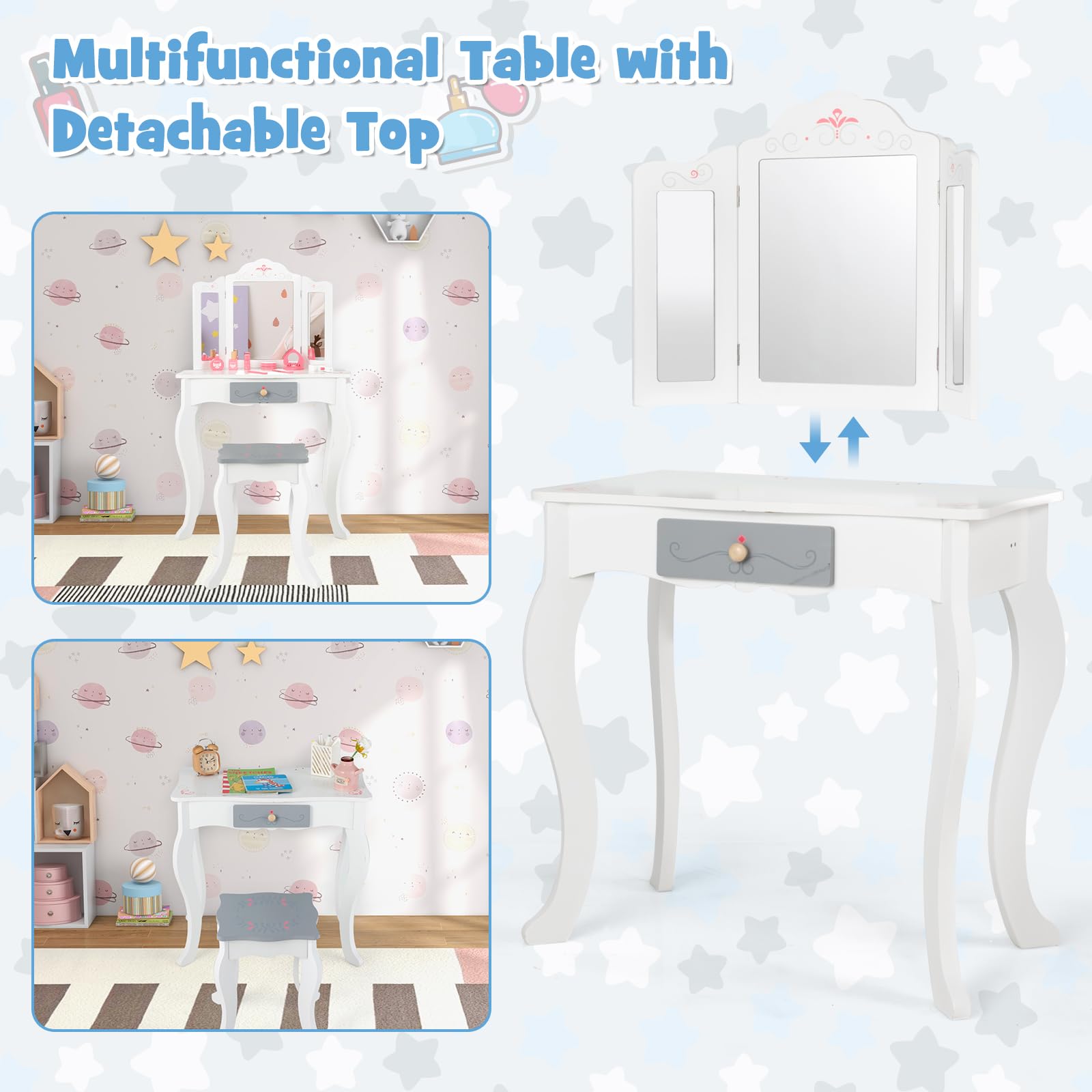 INFANS Kids Vanity, 2 in 1 Princess Makeup Desk Set, Wooden Dressing Table, Pretend Play Vanity Set