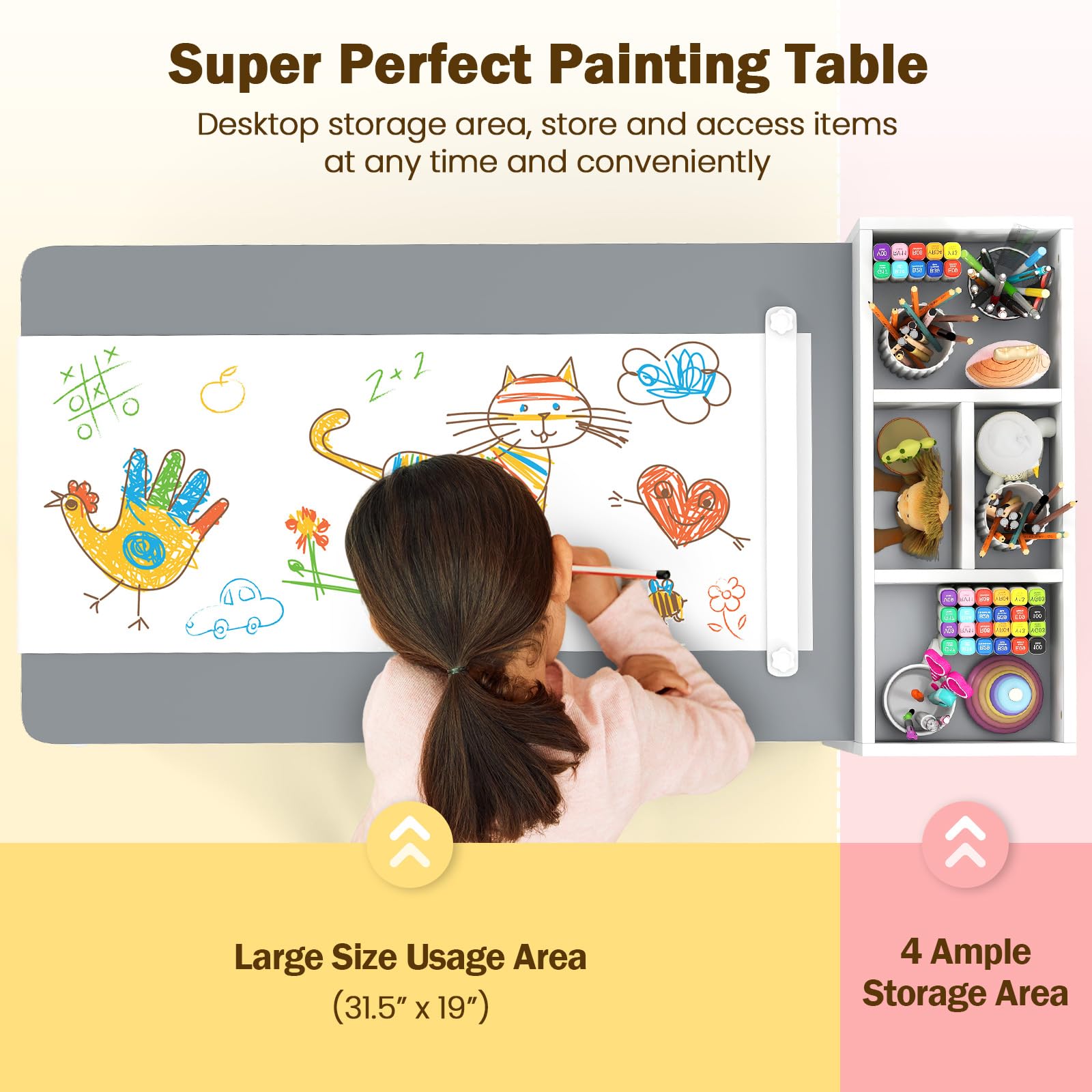 INFANS Kids Table and Chair Set, Toddler Art Craft Play Wood Activity Desk with 2 Chairs 4 Storage Canvas Bins Paper Roll