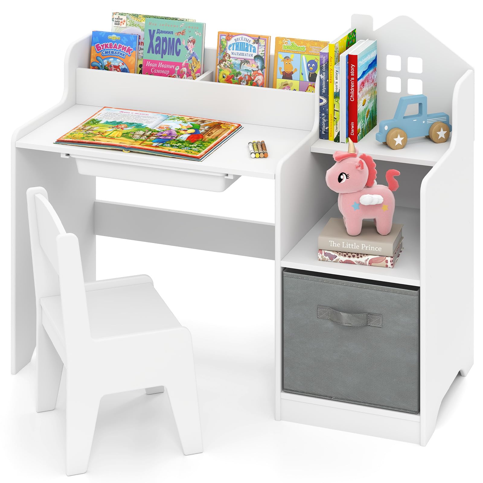 INFANS Kids Table and Chair Set, Toddler Art Craft Play Wood Activity Desk with Chairs, Children Furniture