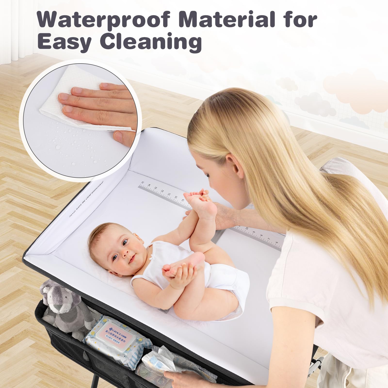 INFANS Baby Changing Table with Wheels, Portable Folding Diaper Station Nursery Organizer with Adjustable Height