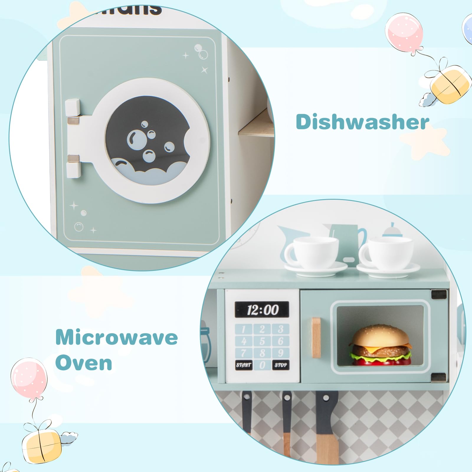 INFANS Kids Kitchen Playset, Toddler Wooden Kitchen Pretend Cooking Toy Set with Coffee Maker