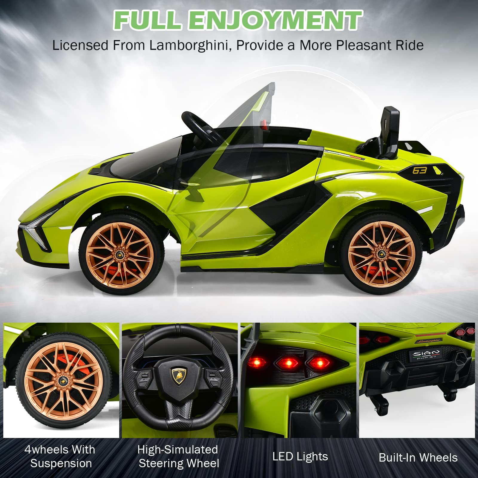 INFANS 12V Licensed Lamborghini Sian Kids Ride on Car with Parent Remote Control, Electric Toy Roadster Carbon Fiber Textured