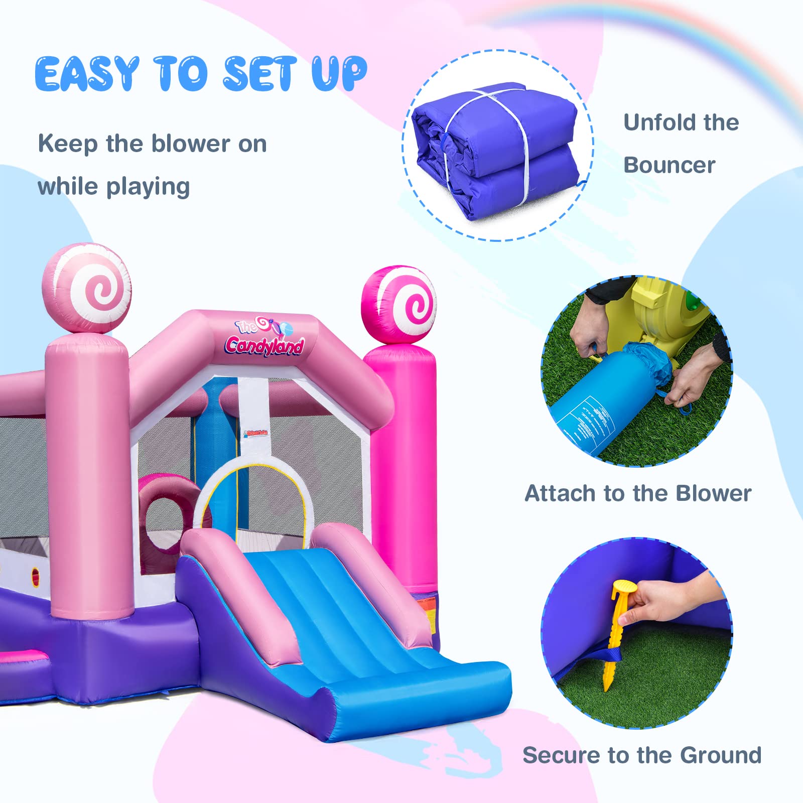 INFANS Inflatable Bounce House, Kids Candyland Pink Jumping Castle with Slide Ball Pit Basketball Rim