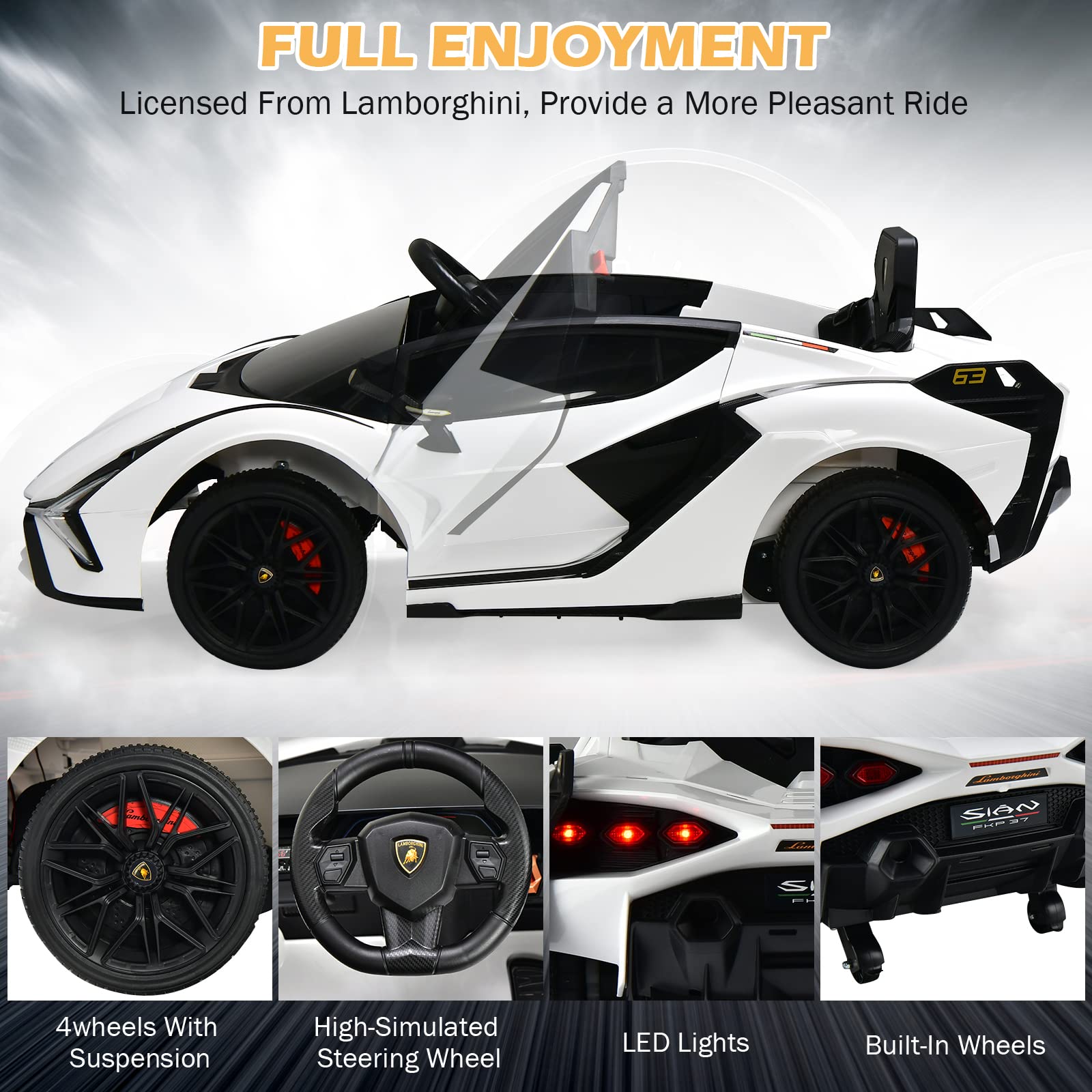 INFANS 12V Licensed Lamborghini Sian Kids Ride on Car with Parent Remote Control, Electric Toy Roadster Carbon Fiber Textured