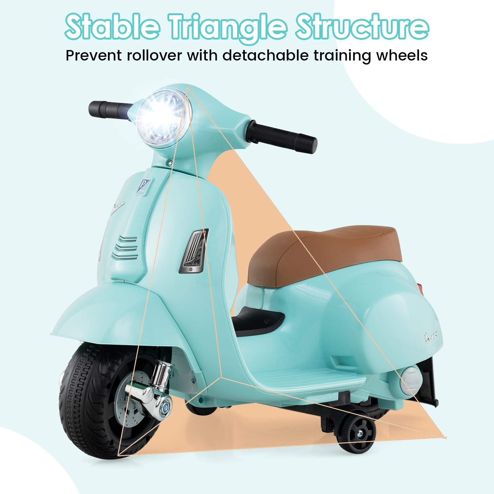 INFANS Licensed Vespa Kids Motorcycle, 6V Battery Powered Motorbike for Toddlers with Training Wheels, Horn, LED Lights