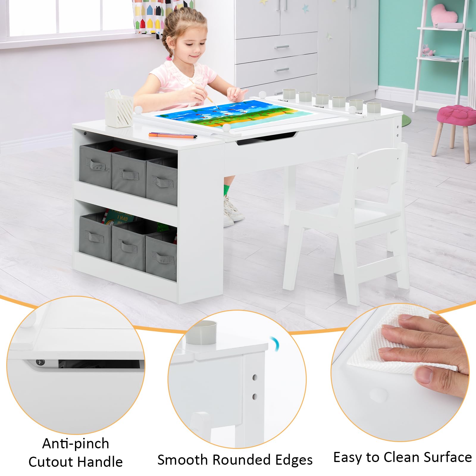 INFANS 3 in 1 Kids Art Table and Chair Set, Toddler Craft Play Wood Activity Desk with 2 Chairs Storage Canvas Bins