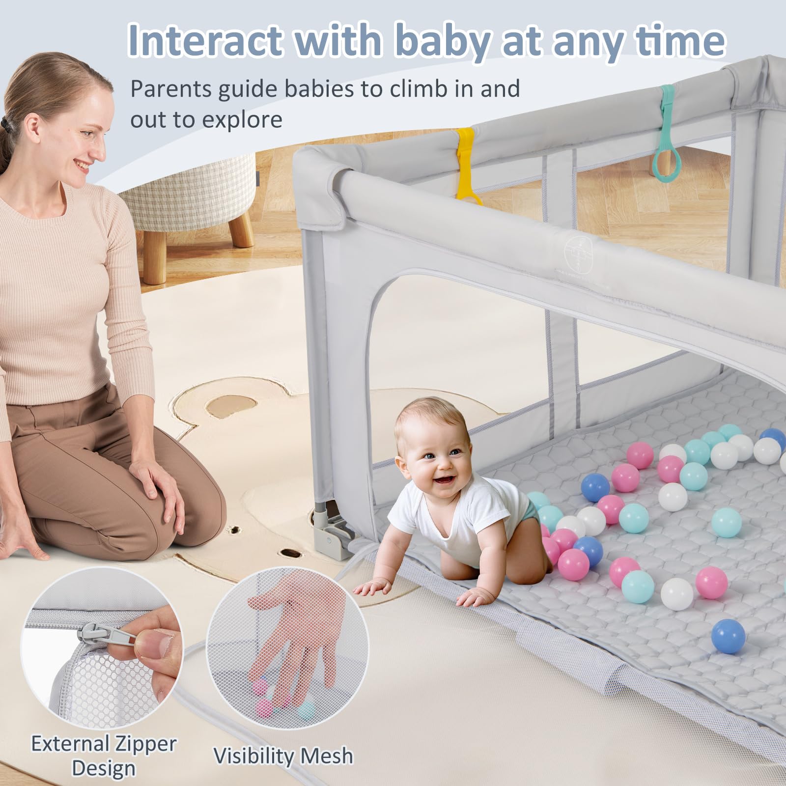 INFANS Foldable Baby Playpen with Mat, Large Baby Play Yard for Infant with 50 Ocean Balls, Fence Toddler Activity Center