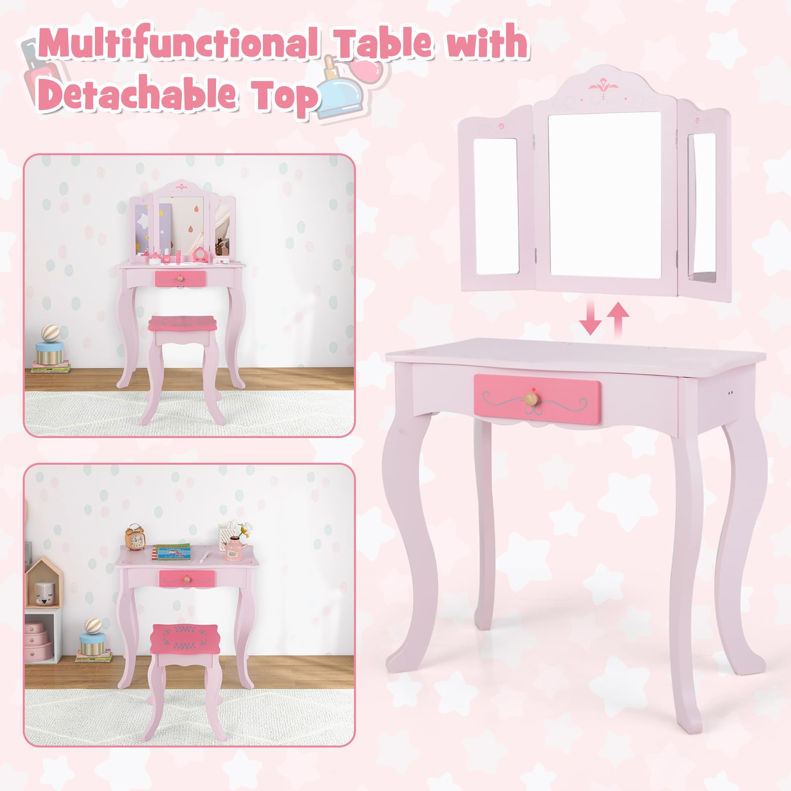 INFANS Kids Vanity, 2 in 1 Princess Makeup Desk Set, Wooden Dressing Table, Pretend Play Vanity Set