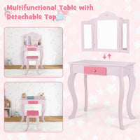 INFANS Kids Vanity, 2 in 1 Princess Makeup Desk Set, Wooden Dressing Table, Pretend Play Vanity Set