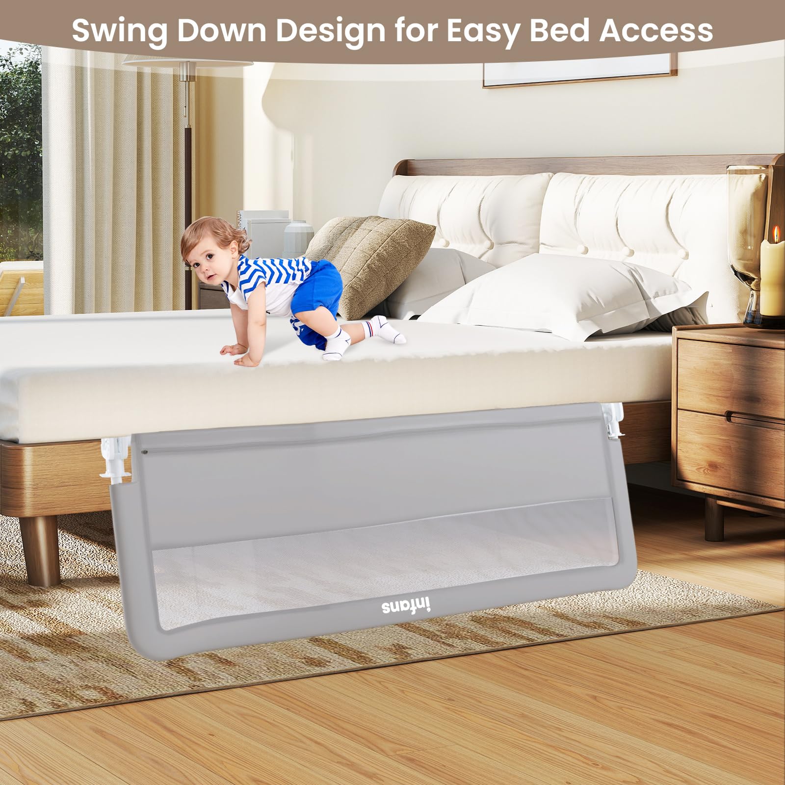 INFANS Bed Rail for Toddlers, 59" Foldable Safety Baby Crib Rail Fit for Kids Twin, Extra Long Swing Down Bed Guardrail for Convertible Crib, Queen, Full, King Mattress Side Guard