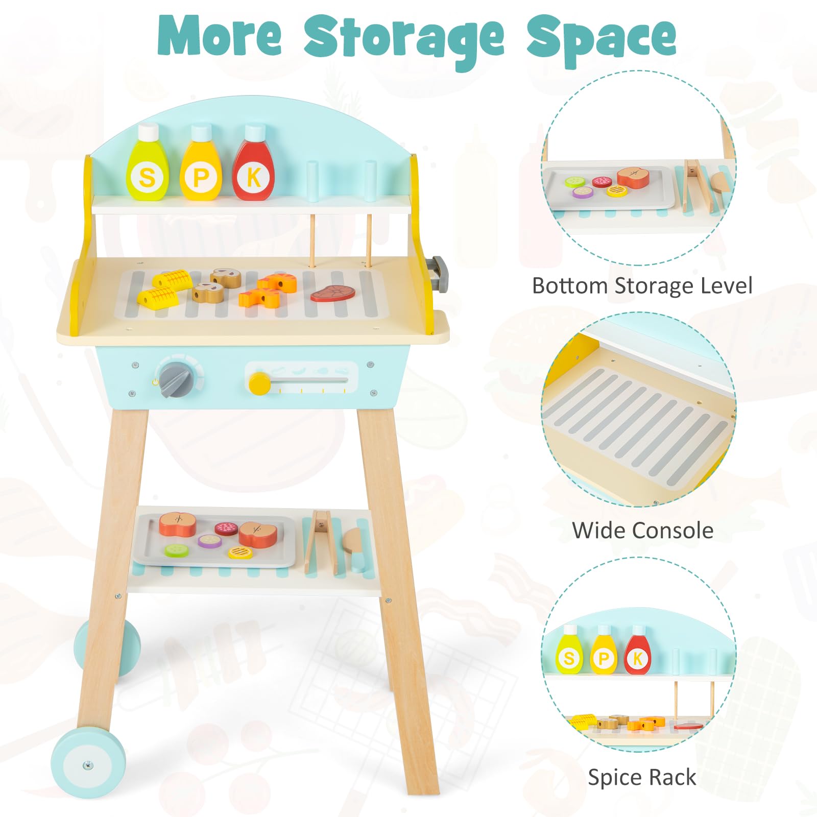 INFANS Kids Grill Playset, Wooden Pretend BBQ Toy Set with 21 Food Accessories, Role Play Kitchen Cooking Set