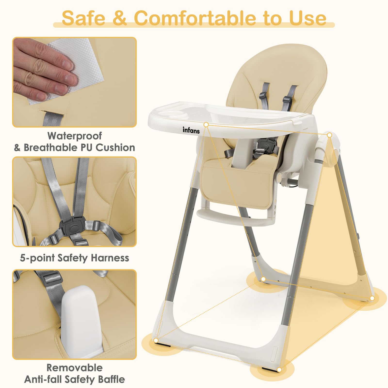 INFANS High Chair for Babies and Toddlers, Foldable Highchair with 7 Different Heights 4 Reclining Backrest Seat